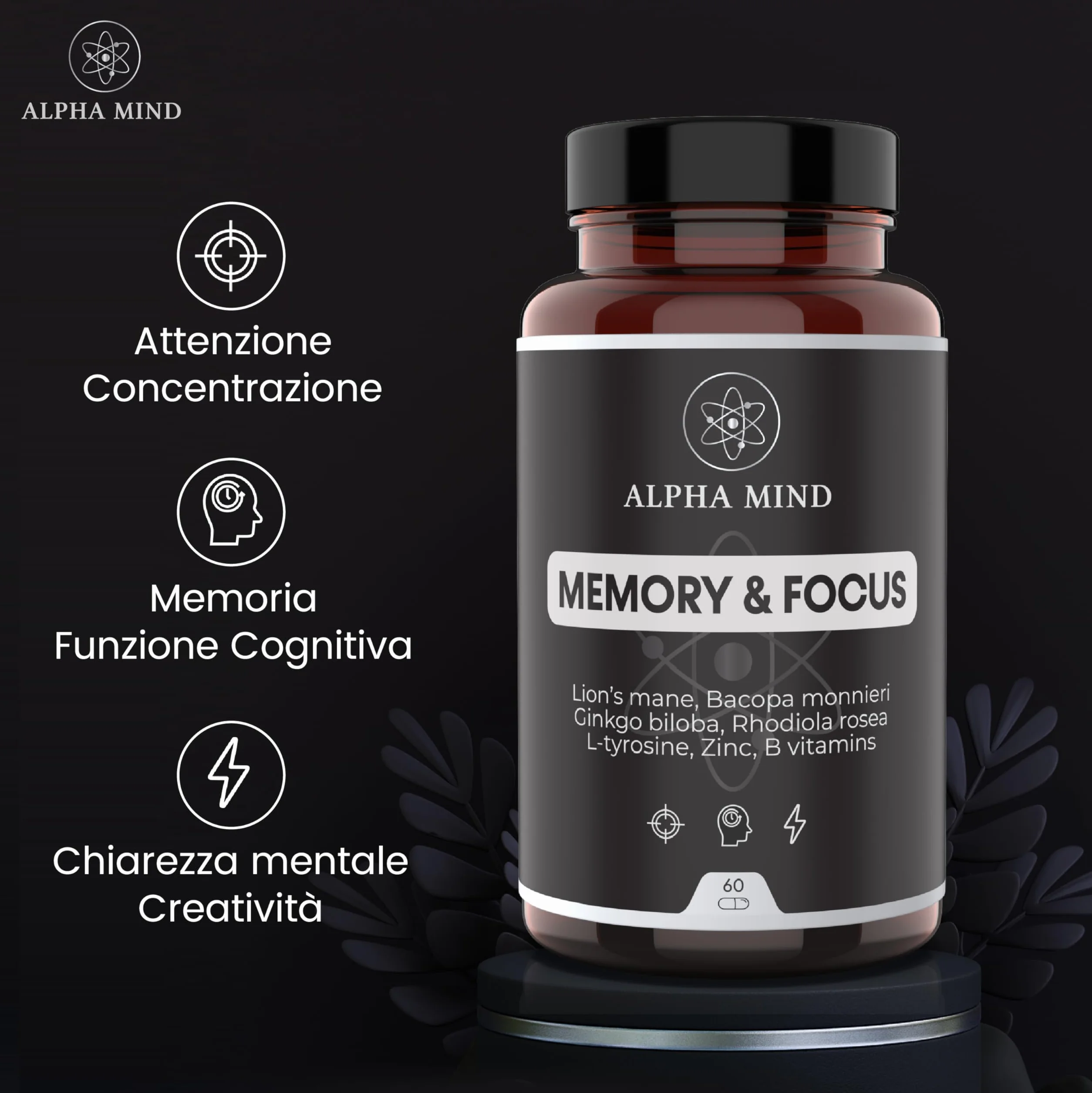 Nootropico Potente Naturale - Concentrazione, Memoria, Agilità Mentale - Con Lions mane, Ginkgo biloba, Bacopa Monnieri, Rhodiola Rosea, L Tirosina, Zinco, Vitamine B - Senza Caffeina