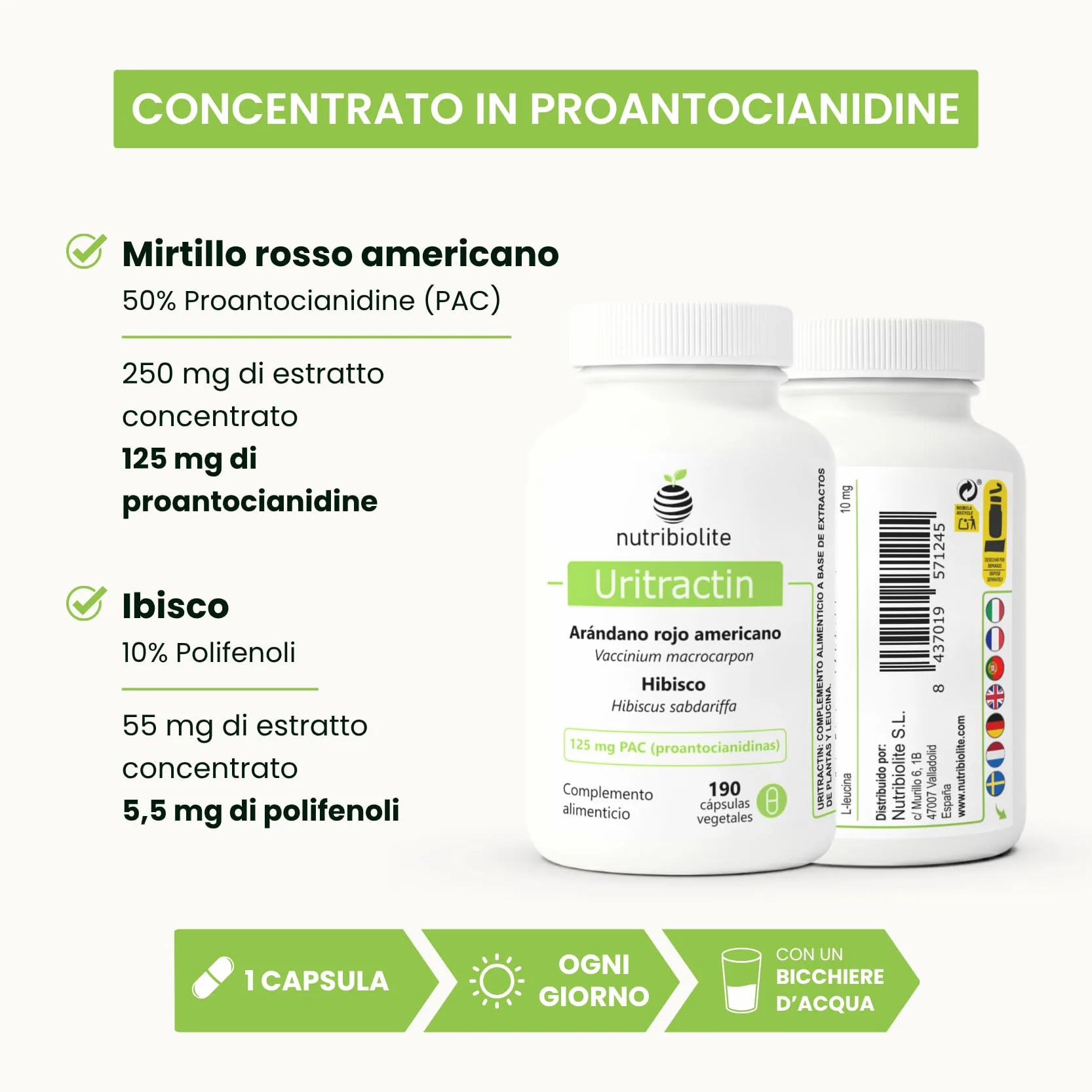 Mirtillo Rosso Americano Cranberry con Ibisco 125 mg di PAC Proantocianidine - Vie Urinarie - 190 Capsule - Senza Additivi +6 Mesi | Uritractin Nutribiolite