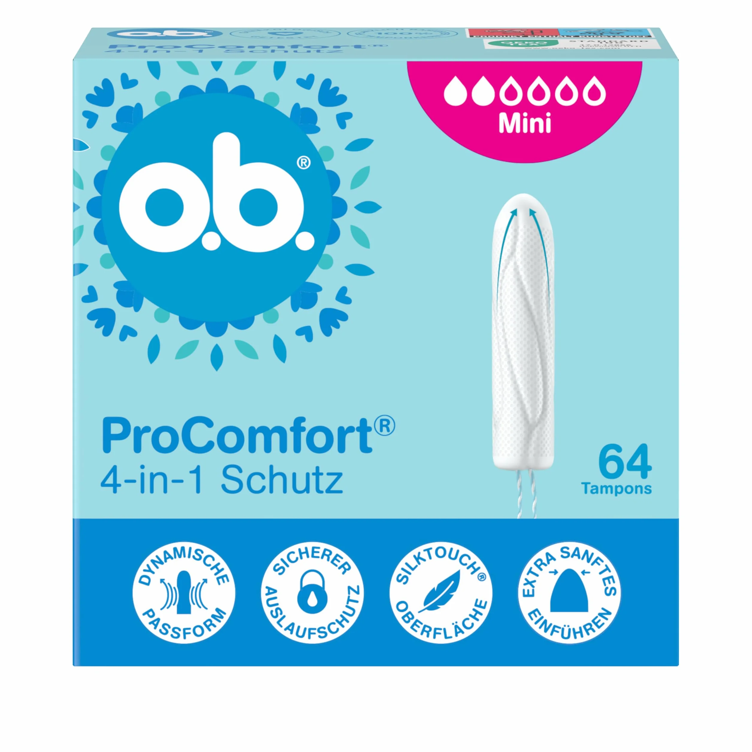 o.b. ProComfort mini tamponi protezione 4 in 1 64 pezzi punta extra delicata facile inserimento protezione 100% perdite