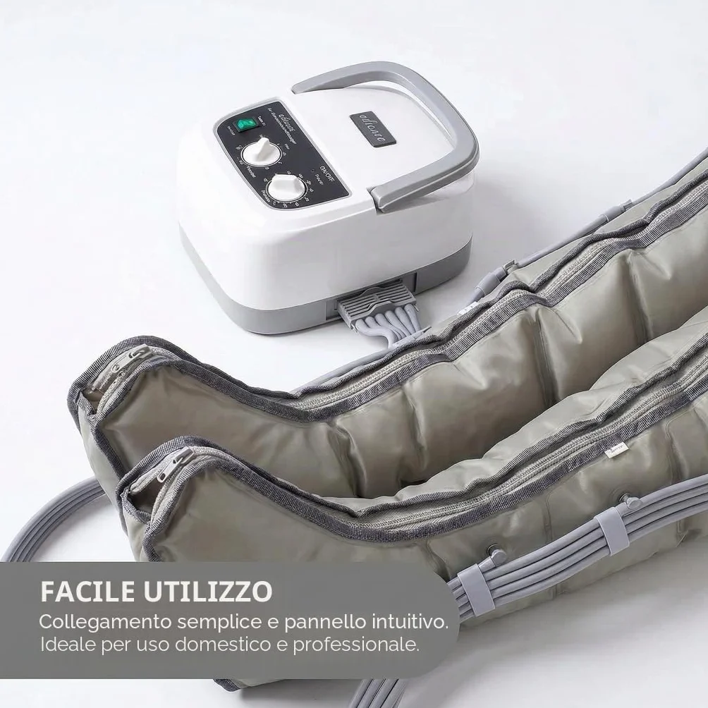 Edicare, Pressoterapia per Casa, Linfodrenaggio, Professionale, Apparecchio Massaggiatore, Gambe e Piedi, Anticellulite, 6 Camere d’aria (Dispositivo e gambali)
