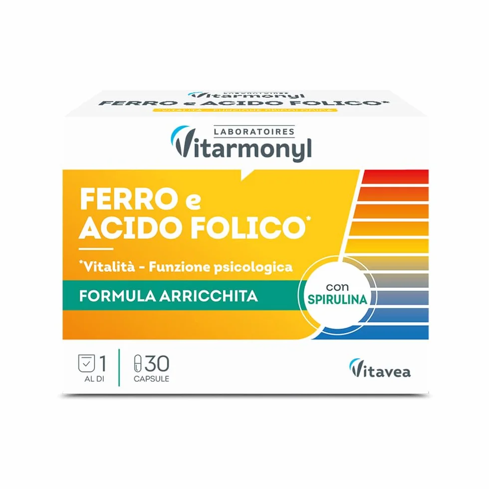 Ferro Acido Folico - Integratore Alimentare a base di Ferro e Acido Folico, con Spirulina - Per il Sistema Immunitario - Multivitaminico - Confezione da 30 capsule - Vitarmonyl