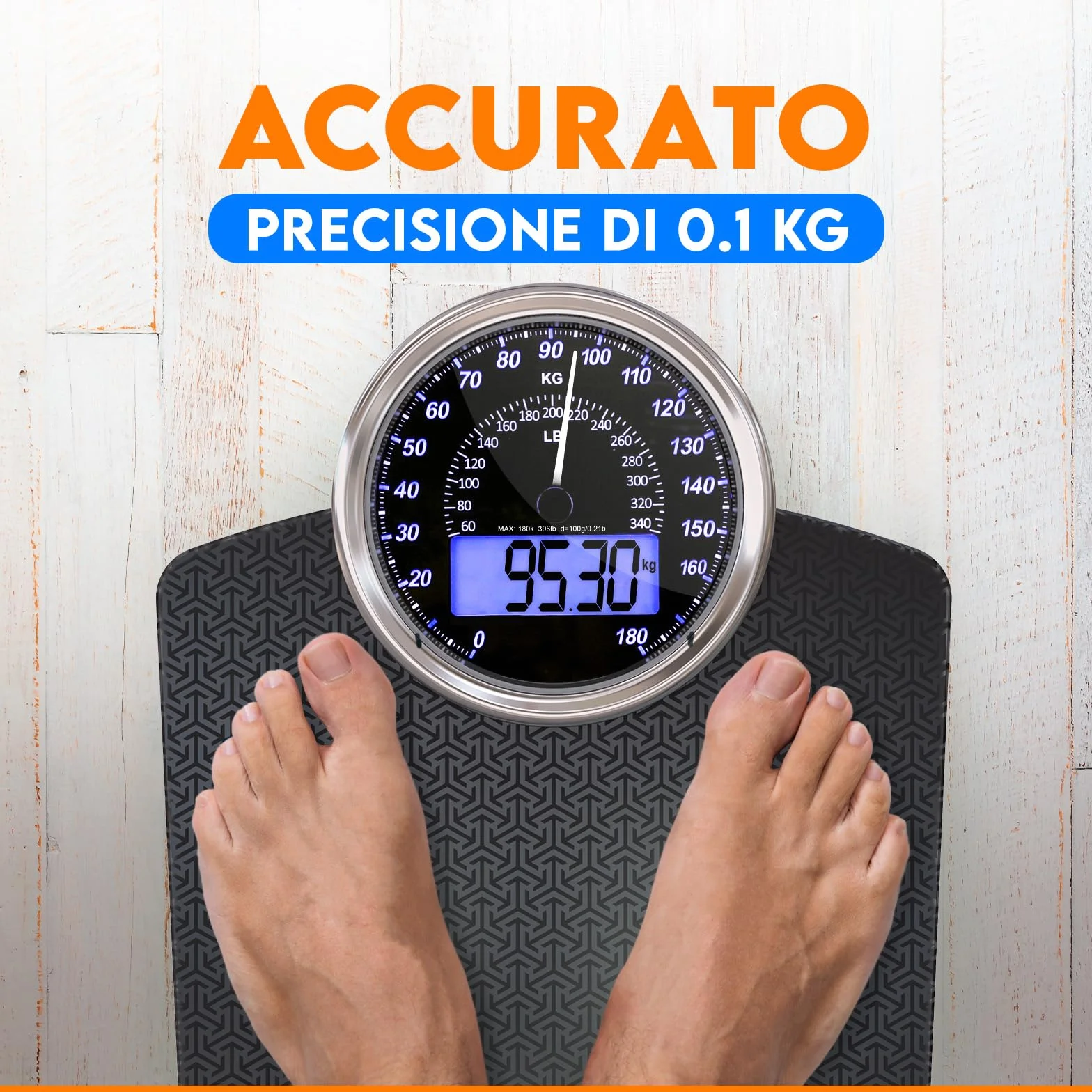 ZENO Bilancia Pesapersone Ibrida Digitale & Analogica 2-in-1 Fino a 180 kg Vetro Temperato Display Retroilluminazione