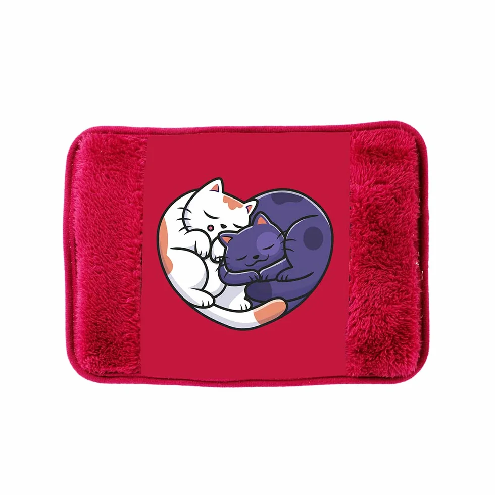 Virsus Borsa Acqua Calda Elettrica 500Watt con Tasca Scaldamani con rivestimento in pile. Scaldino per crampi e sollievo dal dolore (Rosso con Gatti Cuore)
