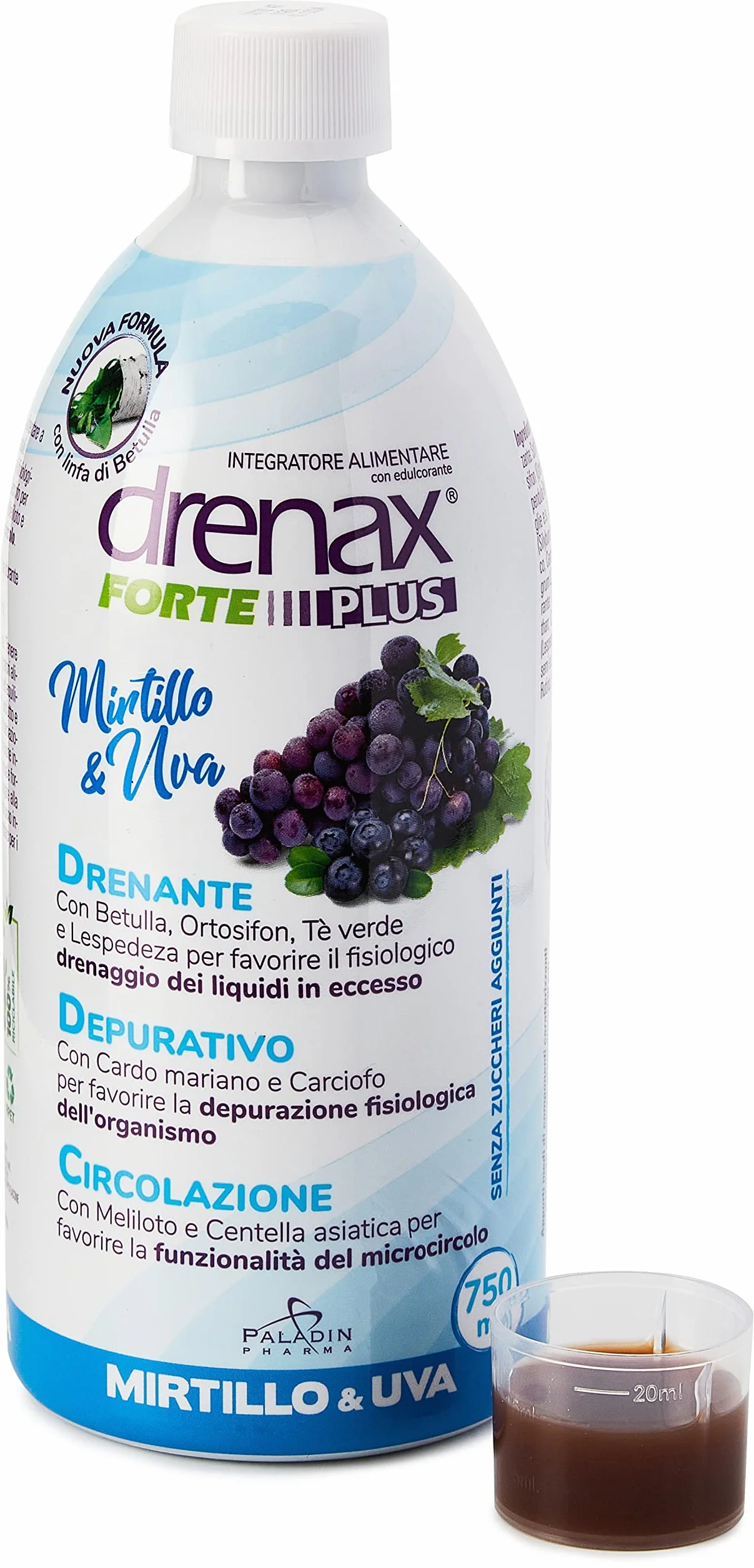 Drenax Forte Plus Mirtillo e Uva 750 ml Integratore Drenante Depurativo Supporto Microcircolo Betulla Ortosifon Cardo Mariano Meliloto