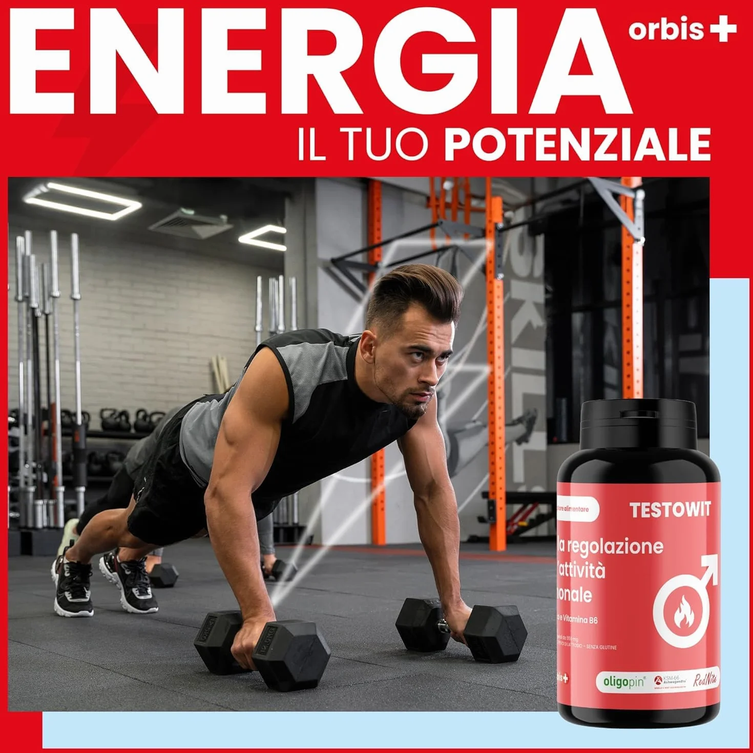 ORBIS TESTOWIT Integratore Naturale per Uomini | Supplemento per la Regolazione Ormonale con Muira Puama, Maca e Ashwagandha | aumenta la vitalità naturale | Forza & Energia Uomo | 120 Capsule