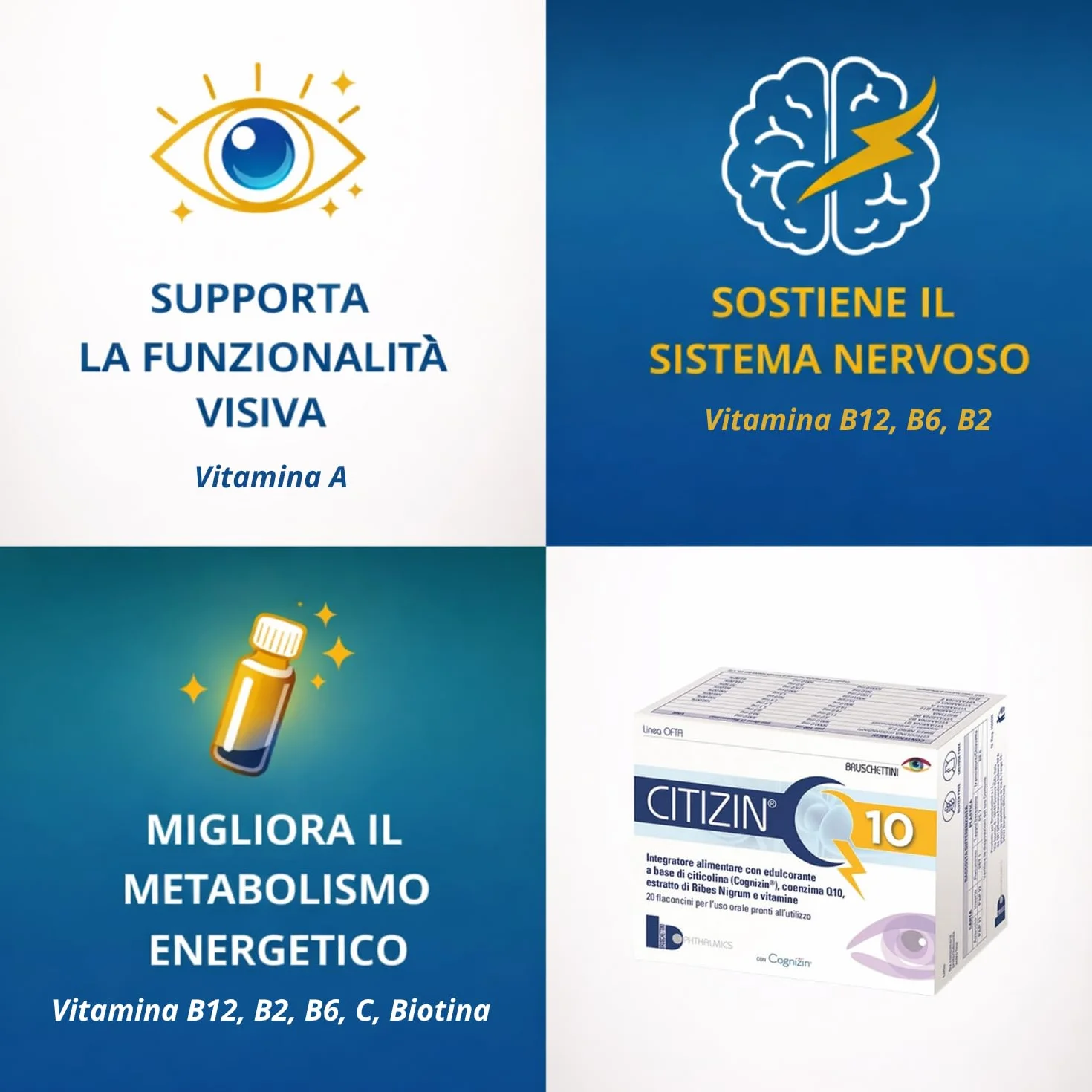 Q10 – 20 Flaconcini da 10 ml – Integratore Alimentare a base di Citicolina (Cognizin), Coenzima Q10, Vitamine A, C, E, Vitamine del gruppo B e Ribes nero