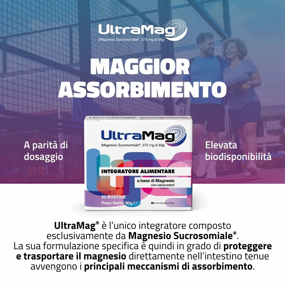 UltraMag Integratore di Magnesio Sucrosomiale 375 mg, Alto assorbimento, Riduce stress e affaticamento, 20+20 bustine, Pharmanutra