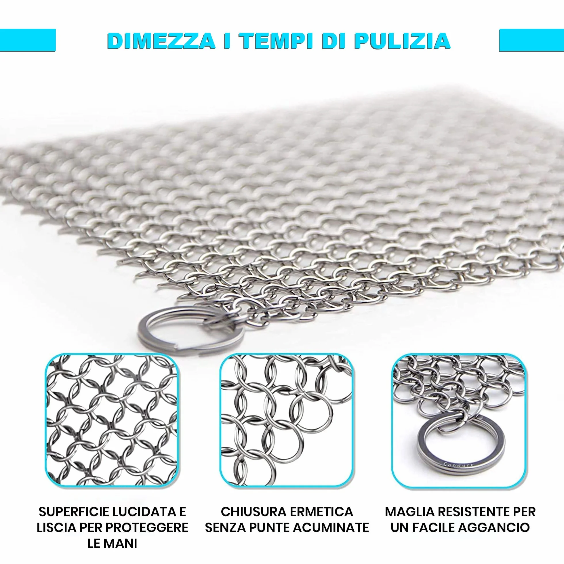 Candure Detergente per Ghisa Scrubber Acciaio Inox 7x7 Pollici per Griglie Padelle Forni Olandesi