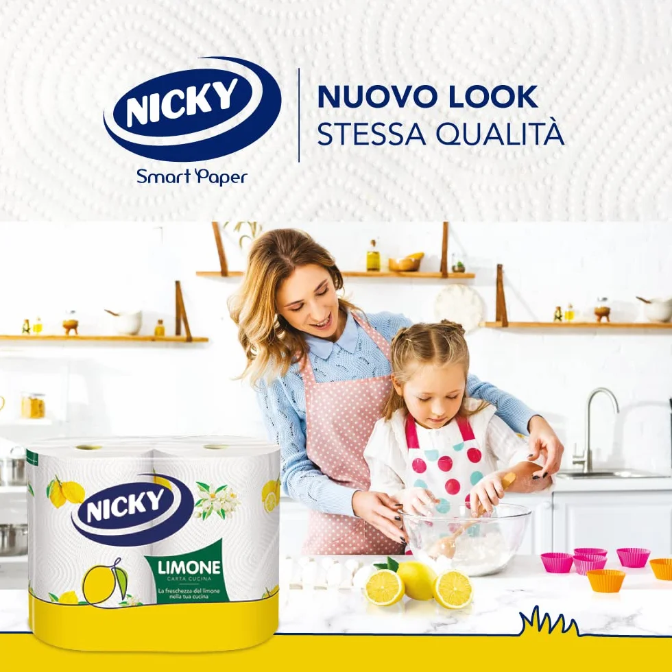 Nicky Limone Carta Cucina 2 Rotoli 100 Fogli Assorbenti 2 Veli Spessa Resistente Fresco Profumo Limone 100% FSC®