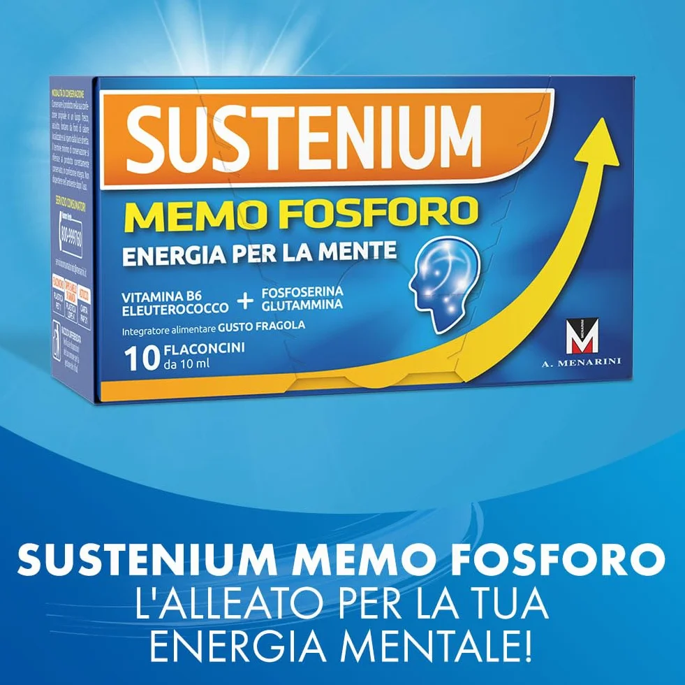 Sustenium Memo Fosforo - Integratore alimentare a base di Fosfoserina, Glutammina, Vitamina B6 ed Eleuterococco. Energia per la mente. Confezione da 10 flaconcini (10ml)