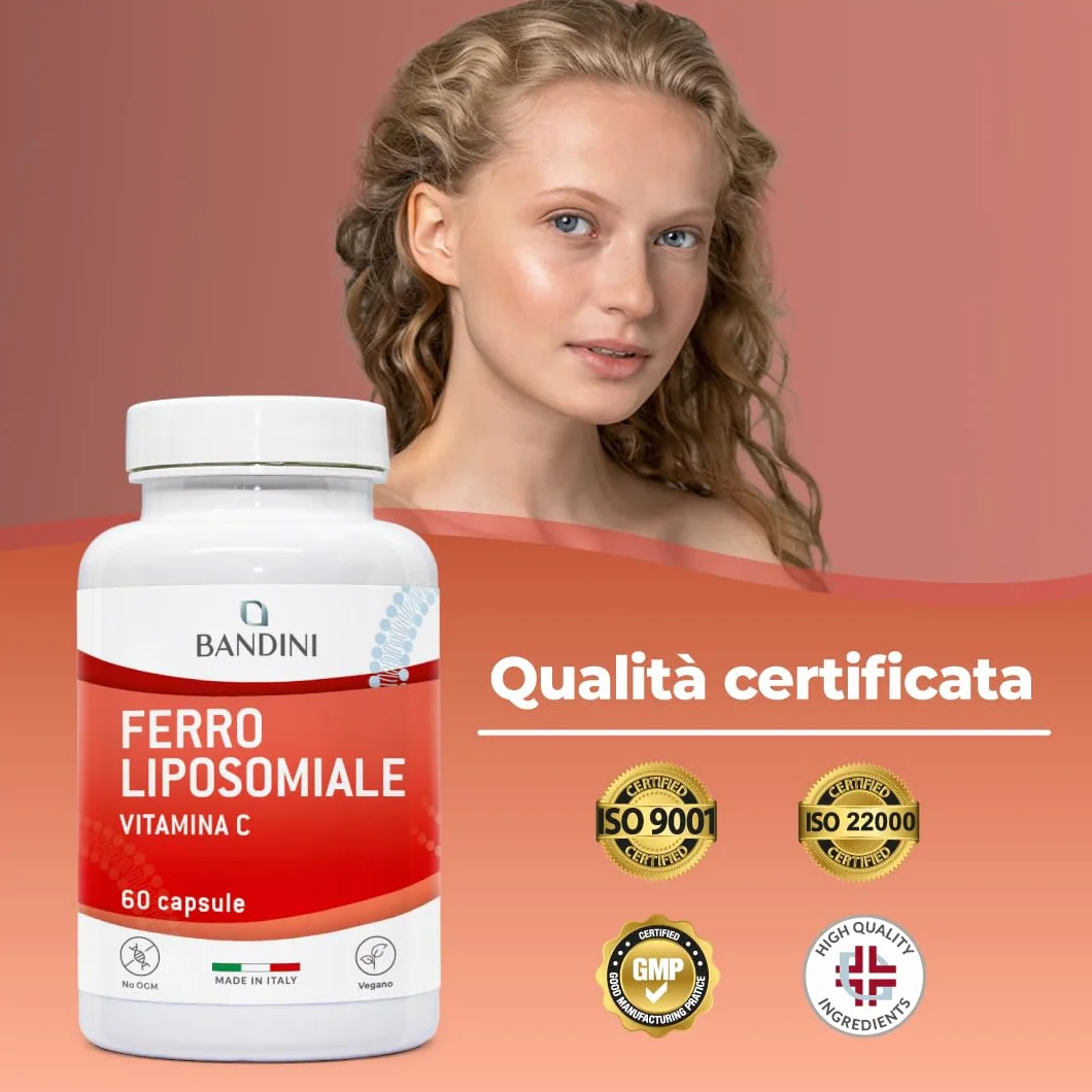 Bandini® Ferro Liposomiale Complex 30 mg – con Vitamina C, Acido Folico, B12, B6 e A – Alta Biodisponibilità e assorbimento, contro Stanchezza e Affaticamento – 60 Capsule per 2 mesi
