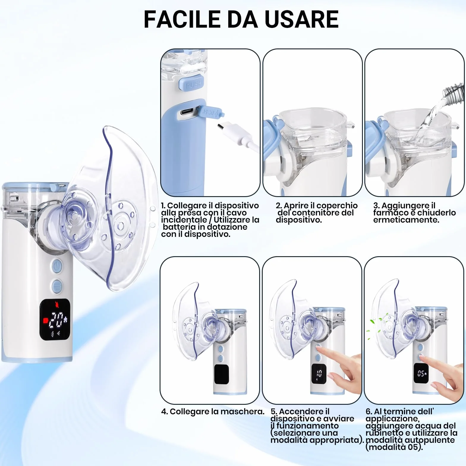 Aerosol Portatile Silenzioso HITHINKMED, Macchina Aerosol Ultrasuoni Ricaricabile USB-C con Display Digitale e Funzione di Pulizia Automatica Inalatore