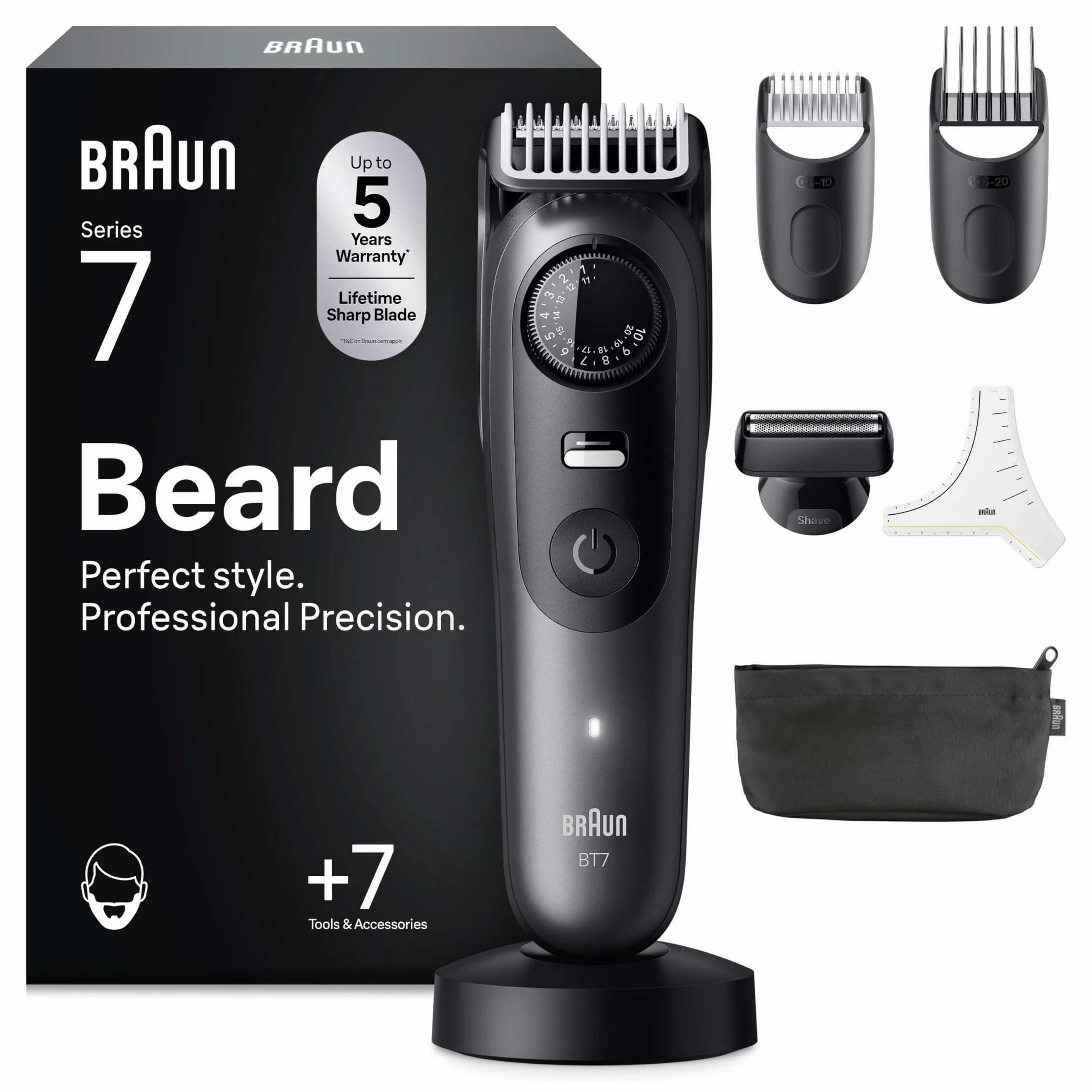 Braun Series 7 Regolabarba Uomo, Lama Problade Affilata a Vita, 120 Minuti Autonomia, Impermeabile, 40 Lunghezze, Bt7525, Grigio