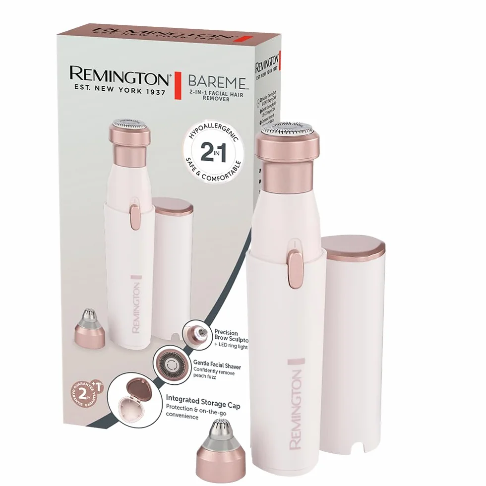 Remington Rasoio Viso Donna 2 in 1 con Rifinitore Sopracciglia Waterproof e Ricarica USB-C Indolore con Luce LED per Labbro Mento Guance BareMe WFS200