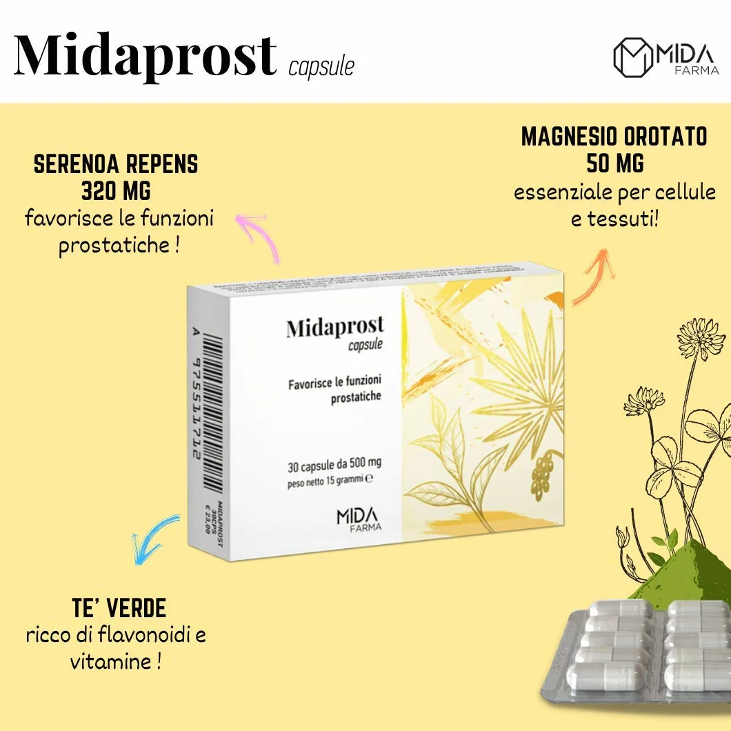 MIDAPROST Serenoa Repens Saw Palmetto 320 mg Tè Verde Magnesio 30 Capsule Prostata Ingrossata Ipertrofia Prostatica Benigna Prostatite