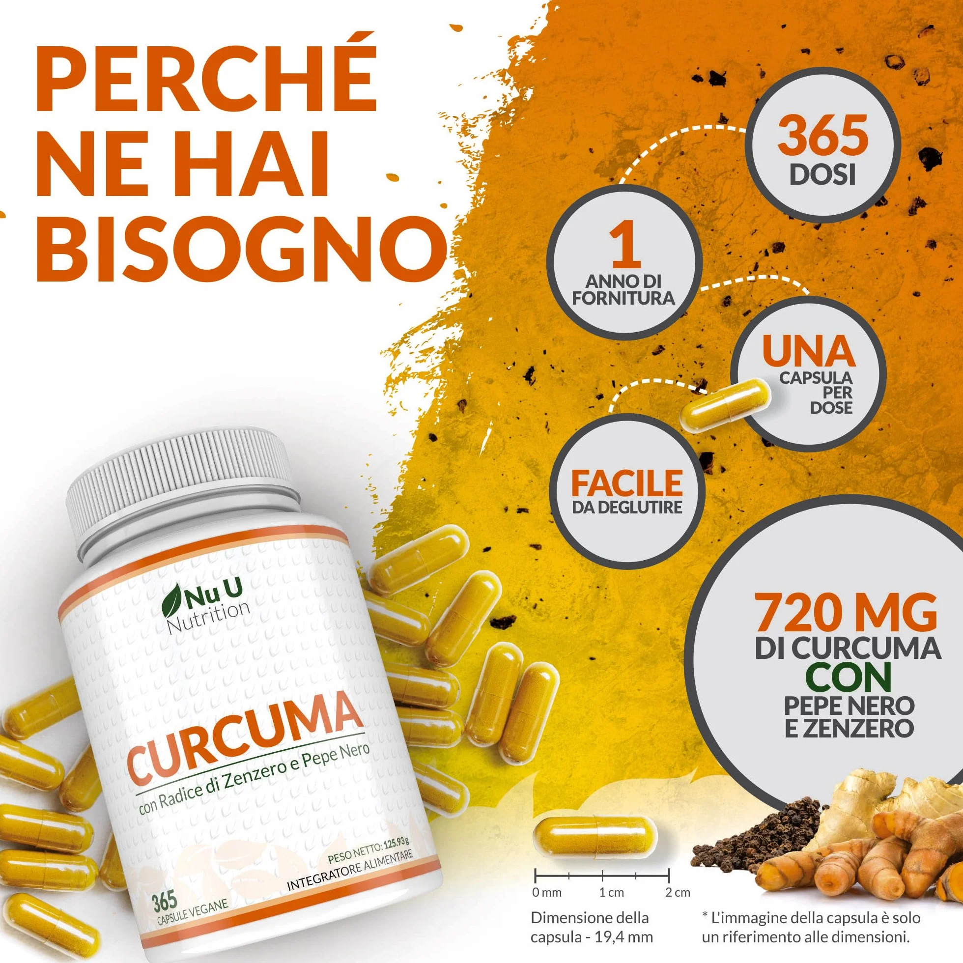 Curcuma 1520mg con Zenzero e Pepe Nero - 365 Capsule Vegane - Alto Dosaggio di Curcumina - 95% Curcuminoidi - Nu U Nutrition
