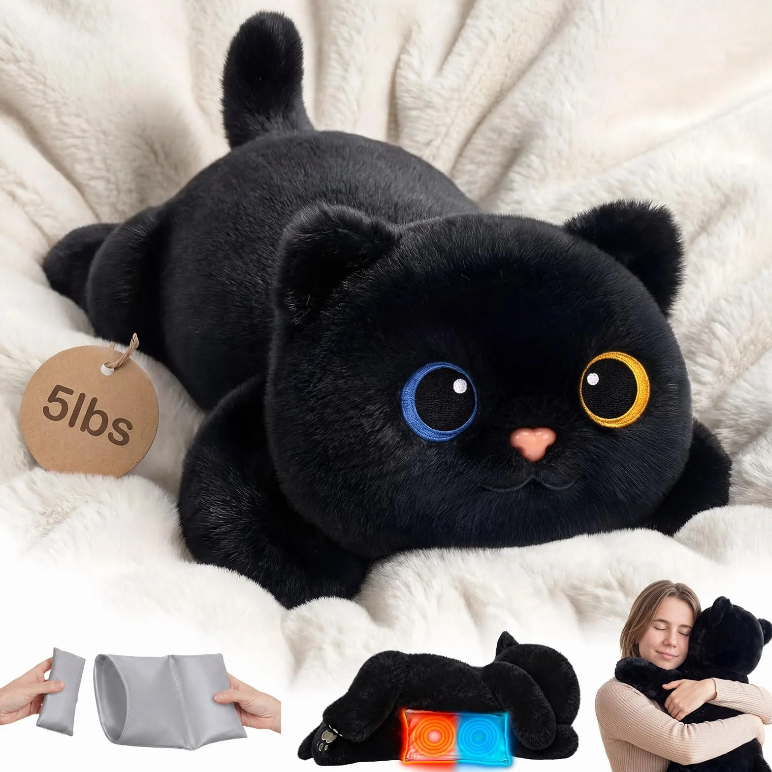 Mewaii Peluche Gatto Nero Riscaldabile e Ponderato da 23 Pollici con Cuscinetto Rimovibile – Peluche Morbido da Abbraccio per Bambini e Adulti, Regalo Soffice e Caldo per Tutte le Stagioni