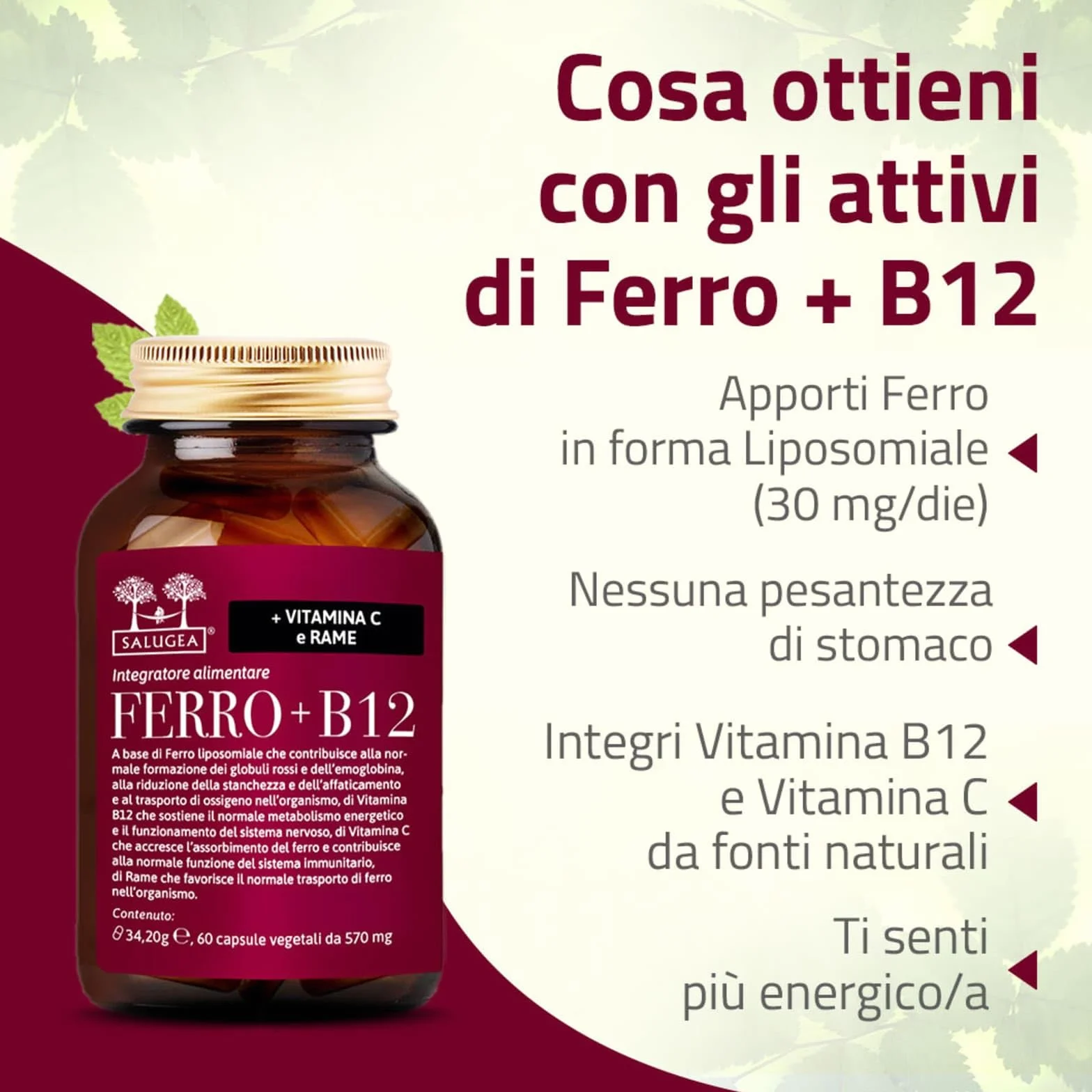 Salugea FERRO + B12 Salugea - Integratore 100% Naturale - Con Ferro liposomiale, Vitamina B12, Rosa Canina (Vitamina C) e Rame - 60 Capsule Vegetali in Flacone in vetro scuro farmaceutico