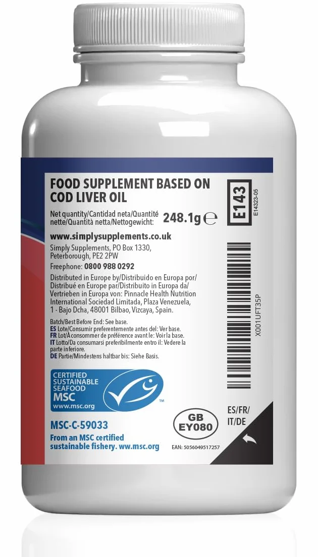 Olio Di Fegato Di Merluzzo 1000mg Omega 3 EPA DHA 180 Capsule Supporto Cervello Vista Immunità