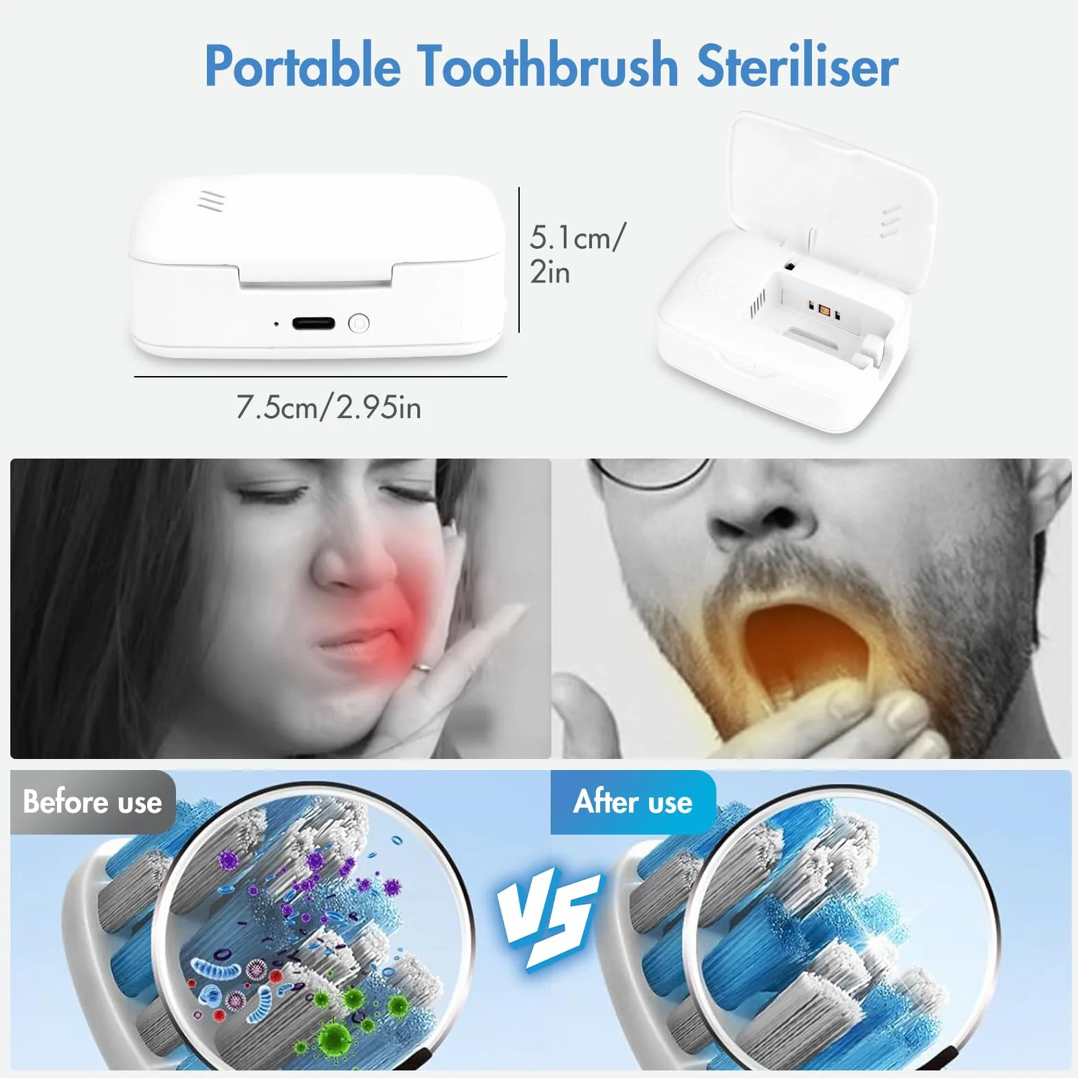 Custodia disinfettante per spazzolino da denti UV, mini disinfettante portatile con riscaldamento a asciugatrice, copertura ricaricabile per spazzolino da denti con asciugatura a ventola, scatola