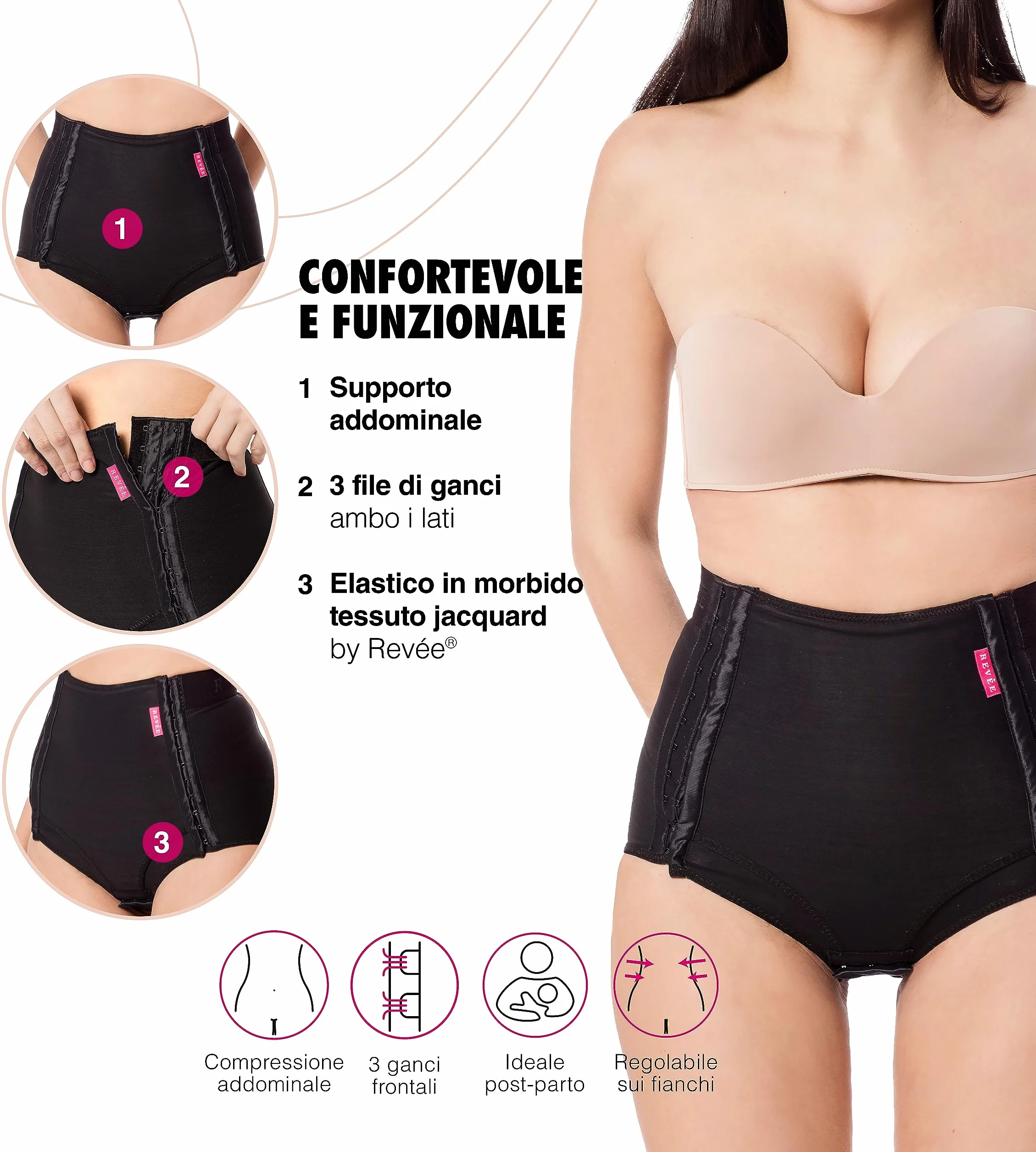 REVÉE Guaina Compressiva Post-operatoria - Guaina Post-Parto Cesareo, Isterectomia, Mini-Addominoplastica, Lipofilling, Fascia Addominale Donna Post-Parto - Terapia Compressiva (Nero, M)