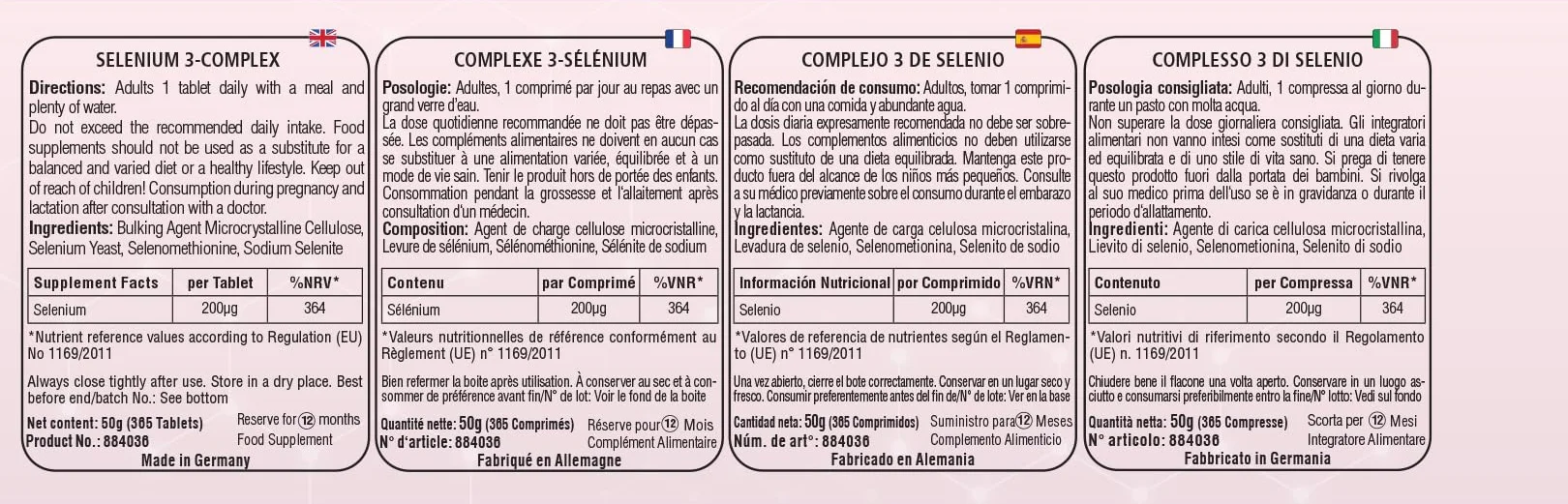 Selenium 3-complex - 365 compresse, contenente 200µg - Complesso di lievito di selenio, selenometionina e selenito di sodio - Dosaggio elevato - 100% vegano - Produzione tedesca e test di laboratorio