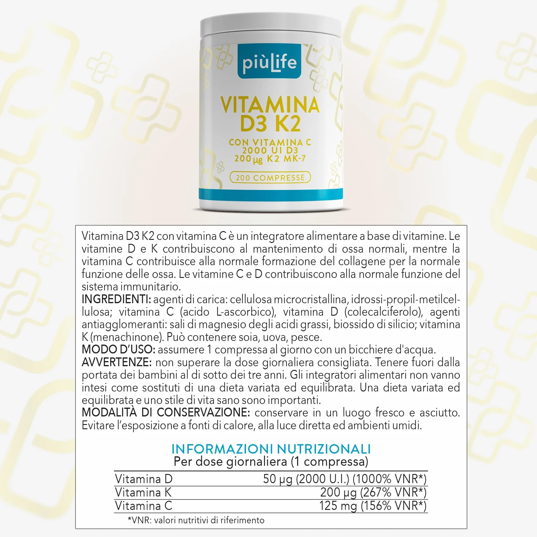 Vitamina D3 K2 Mk7 Con Vitamina C PiùLife – 200 Compresse – 1 Al Giorno, Vit D3 2000 UI, K2 200µg – Sostiene ossa forti, difese naturali e l’equilibrio di calcio e fosforo
