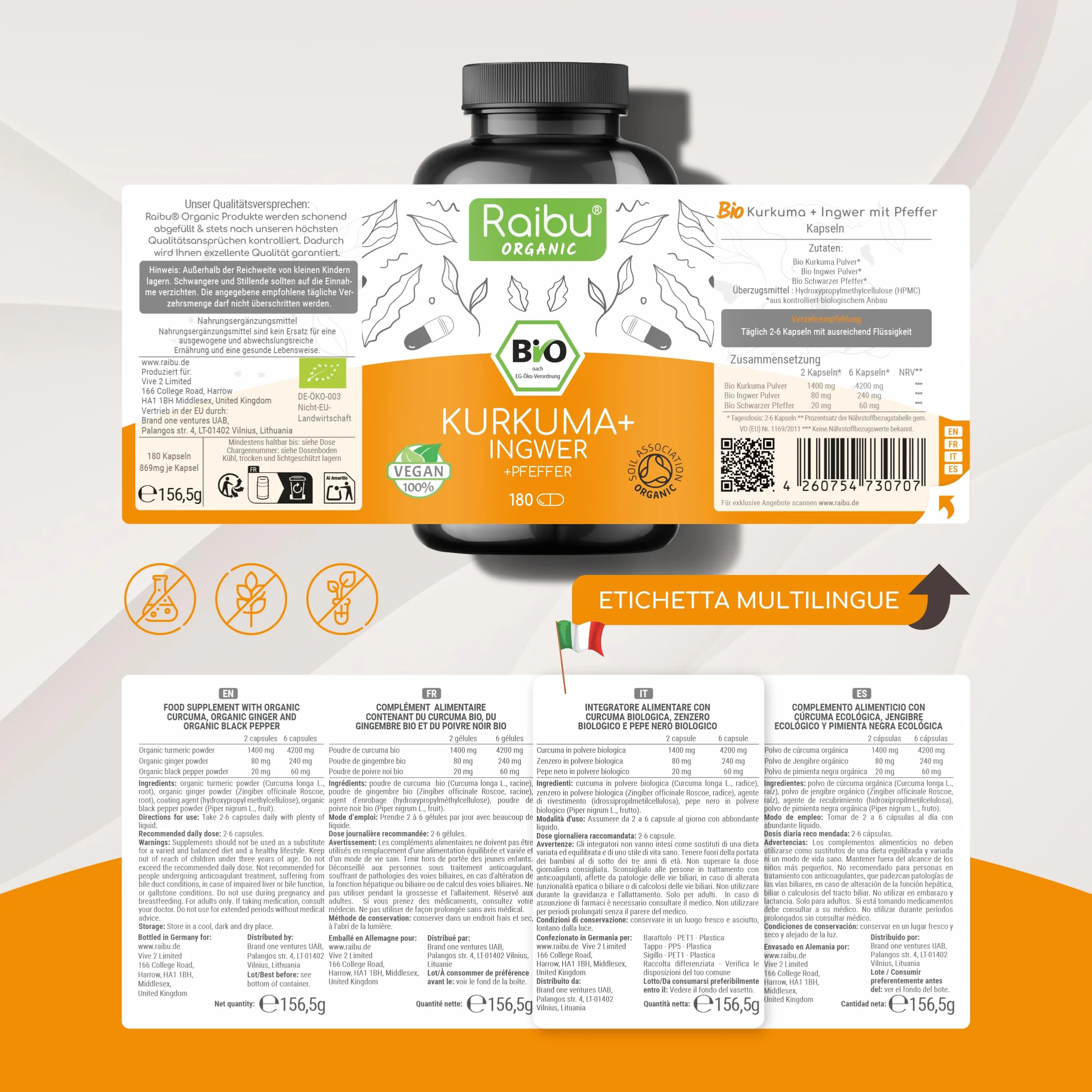 Raibu Curcuma Capsule 1500mg con Piperina e Zenzero Biologico - 180 Capsule - Integratore ad Alto Dosaggio - Vegan, Senza OGM