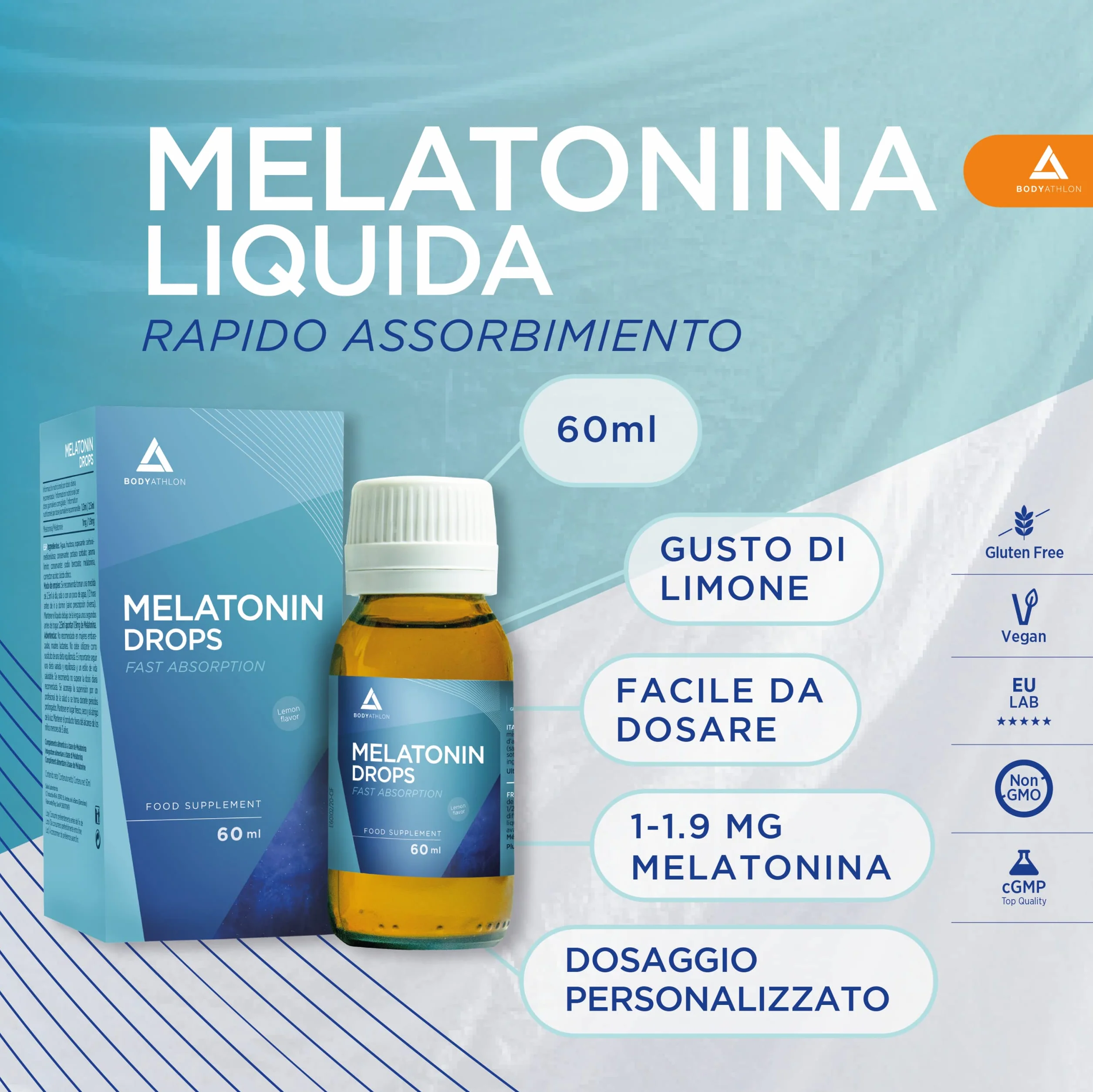 Melatonina pura in gocce 90ml BODYATHLON per dormire meglio insonnia vegano aroma limone
