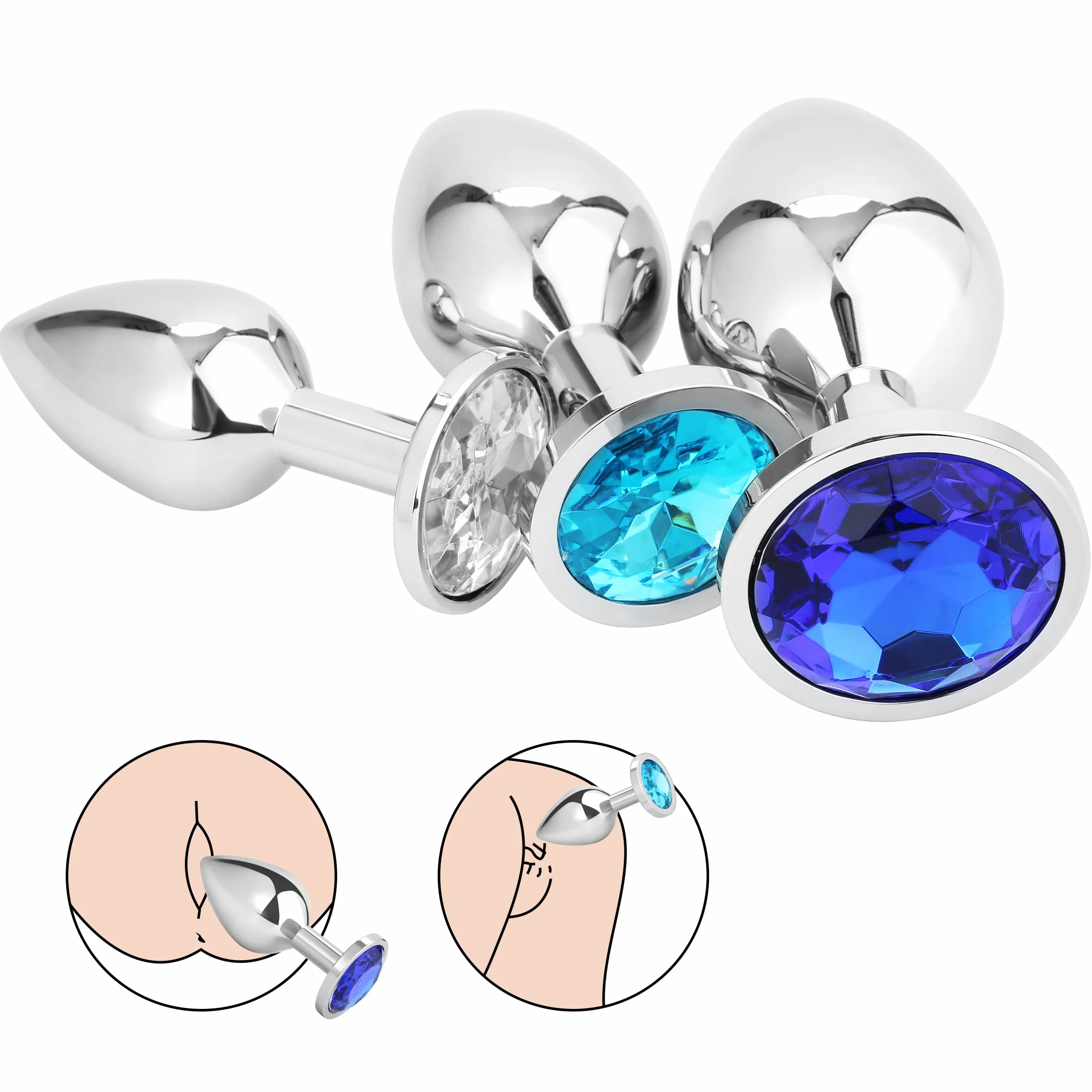3x Plug Anale Metallo | Butt Plug Cristallo Blu | Puro Piacere in 3 Taglie per Donna, Coppia, Uomo | Giocattoli Anali Argento