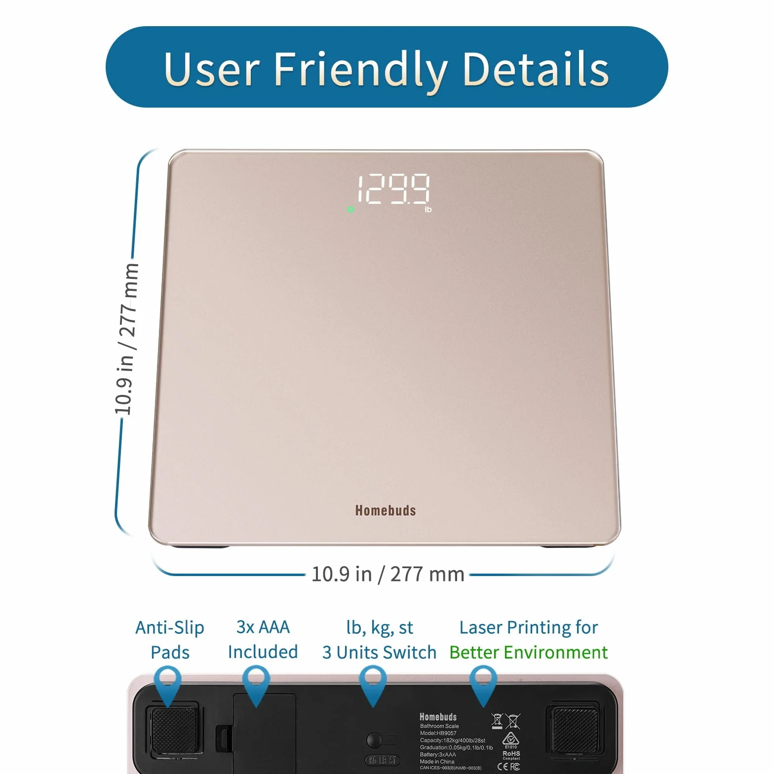 Bilancia Pesapersone Homebuds, 182kg Precisione 0,05kg LED Bianco, 3xAAA Incluse, Oro Rosa