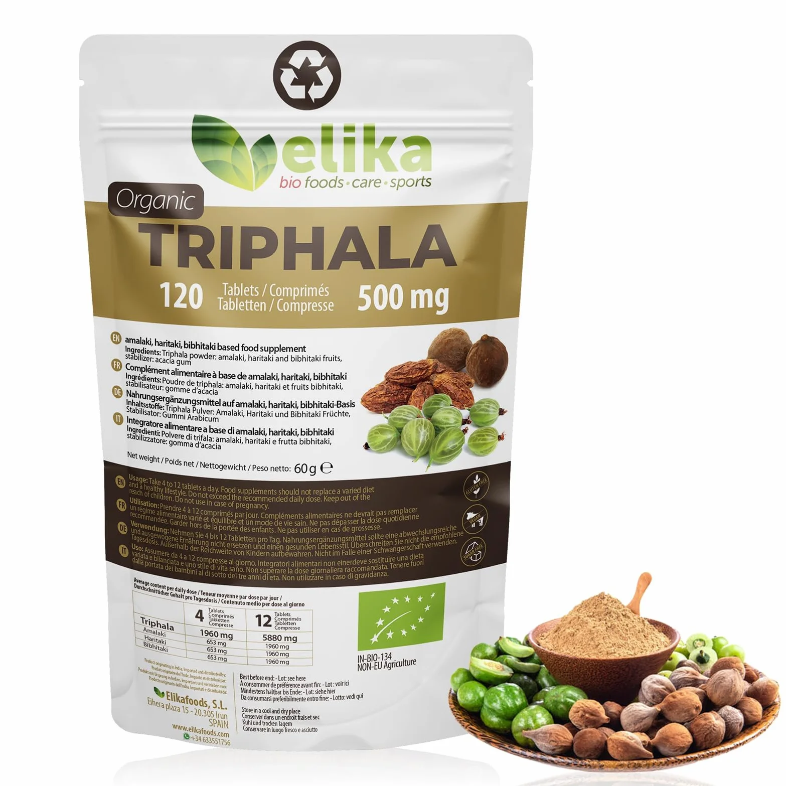 Triphala BIOLOGICO di Elikafoods®. Depurativo e disintossicante naturale. Integratore naturale per la pulizia del colon. Compresse naturali per la stitichezza intestinale - 120 compresse da 500 mg.