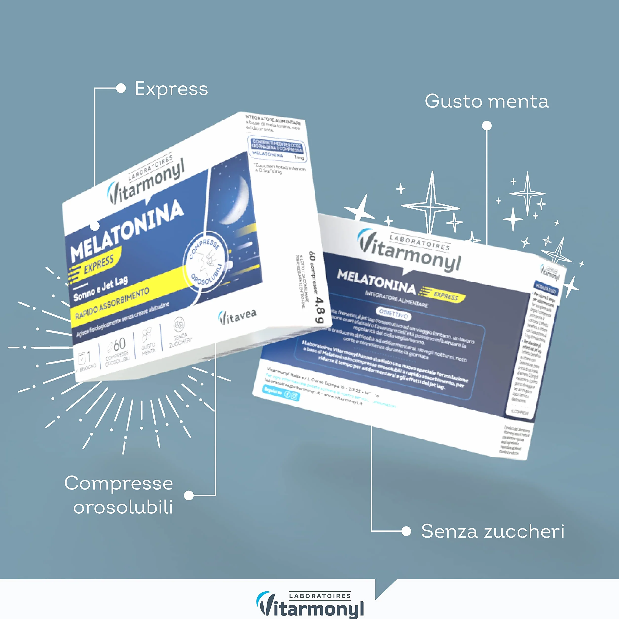 Vitarmonyl Melatonina Express 1 mg Integratore Sonno Jet Lag Compresse Orosolubili Rapido Assorbimento Gusto Menta 60 Compresse