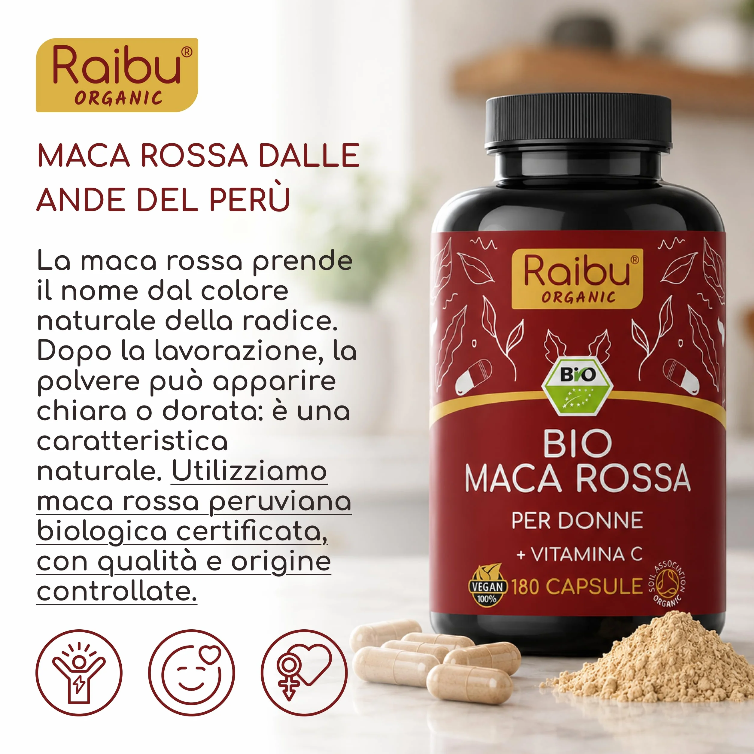 Maca Rossa Peruviana BIO - 180 capsule da radice di Maca Peruviana - Equilibrio ormonale per donna - 3.200mg per dose giornaliera (equivalenti a 12.800mg di radice del Perù) - Con vitamina C naturale
