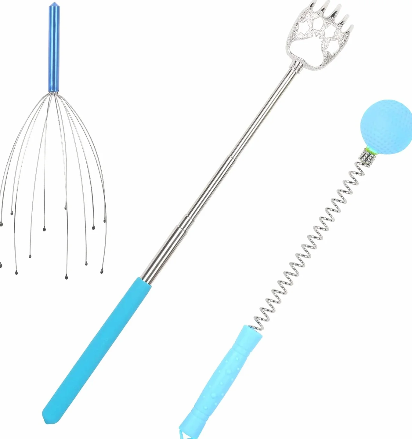 3Pcs Strumenti per il massaggio Set-palmare Massaggio alla testa, Scratcher telescopico per la schiena e Massaggiatore che può aiutare a migliorare la circolazione del sangue per liberare la fatica