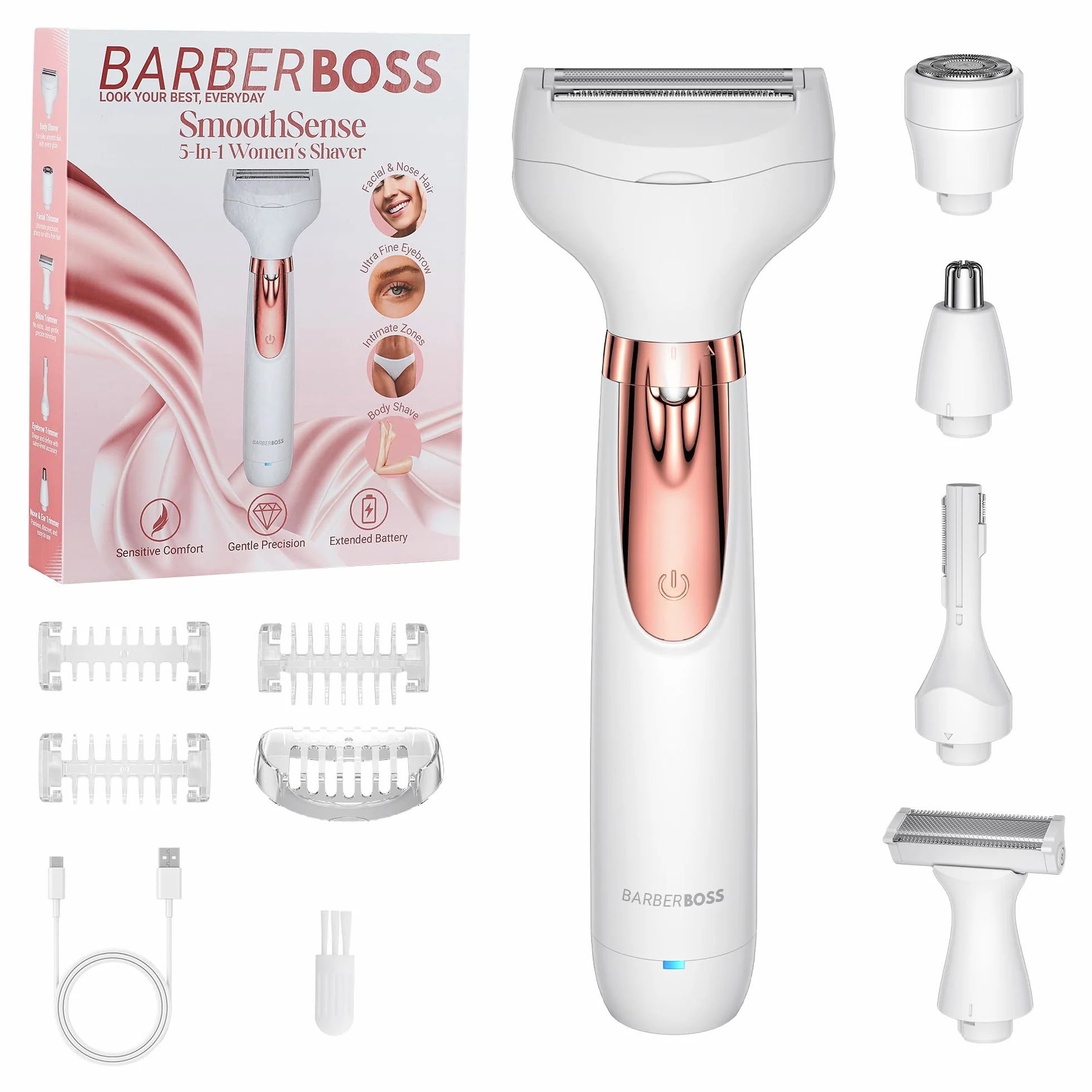 BarberBoss Rasoio elettrico donna 5 in 1, Kit epilazione ricaricabile, Rasoio per donna per corpo, bikini, viso, naso e sopracciglia, Rasoi donna senza fili Wet & Dry, Epilatore per viso, QR-8005