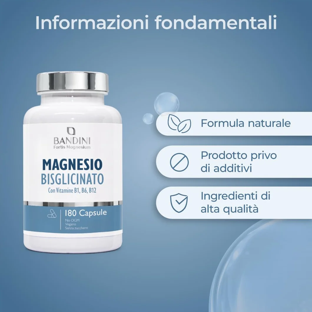 Bandini® Magnesio Bisglicinato 180 Capsule (2 mesi), 350 mg di Glicinato, Chelato per dose arricchito di Vitamina B1, B6, B12 Anti stress e fatica, Integratore per Sistema Nervoso, 100% Vegan