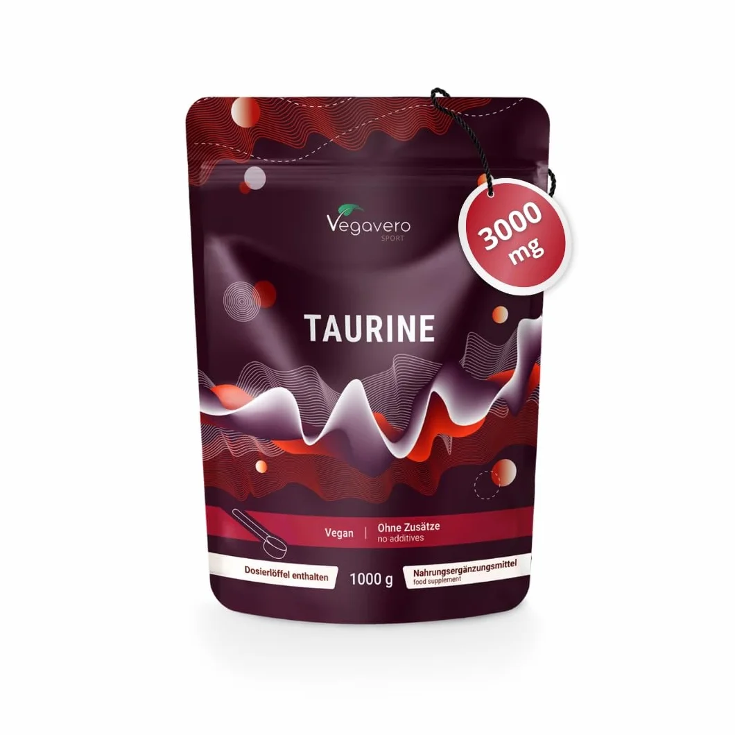Taurina in Polvere 1 Kg 3000 mg per Dose Giornaliera Integratore Sport Pre Post Workout Energizzante Altamente Dosato Vegan Senza Additivi Vegavero®