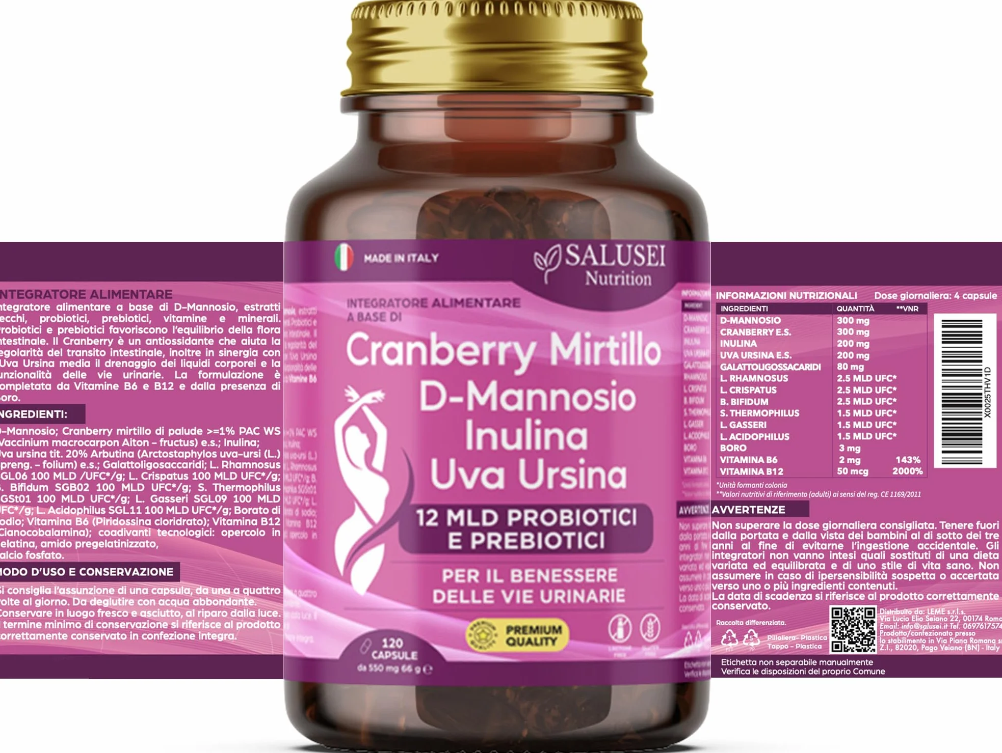 D-Mannosio Capsule Integratore per Cistite con Cranberry, Uva Ursina, Probiotici Donna e Candida Support