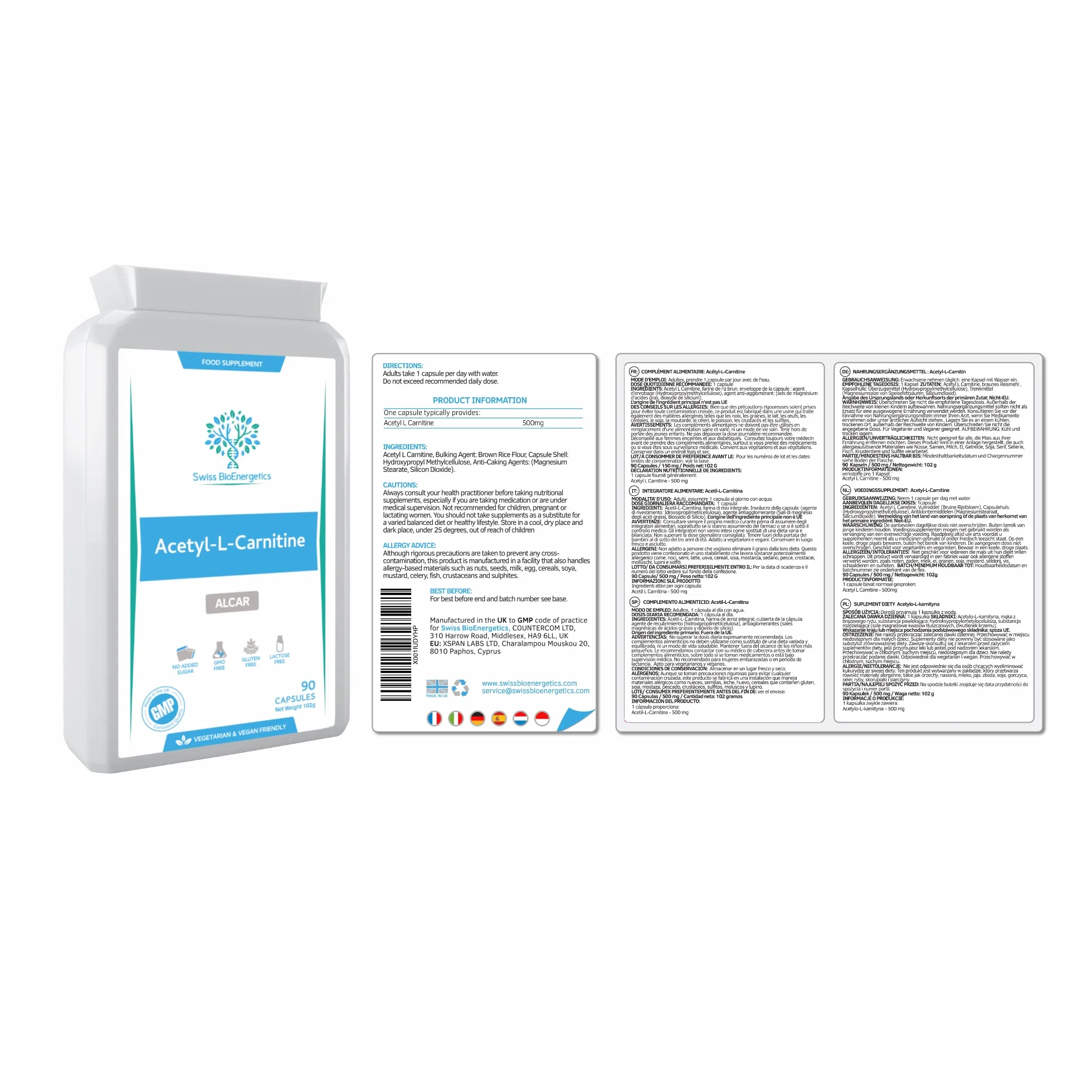 Acetil-L-Carnitina 500mg ALCAR Alta Potenza 90 Capsule Supporto Energia Funzione Cognitiva Resistenza Muscolare Vegano