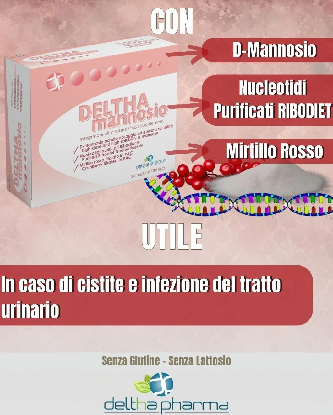 Deltha Mannosio Integratore Alimentare di D-mannosio Puro Ad Alto Dosaggio 1000 Mg, Nucleotidi e Mirtillo Rosso (cranberry) - 20 Bst, color Bianco, 656 ml