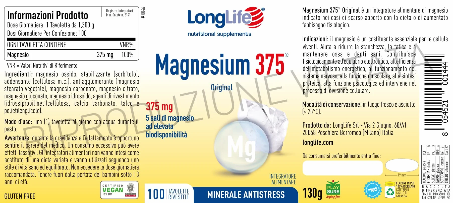 LongLife Magnesium 375® | 5 sali di magnesio | Alto dosaggio | Integratore magnesio antistress | 100 tavolette | Oltre 3 mesi di trattamento | Vegano e senza glutine