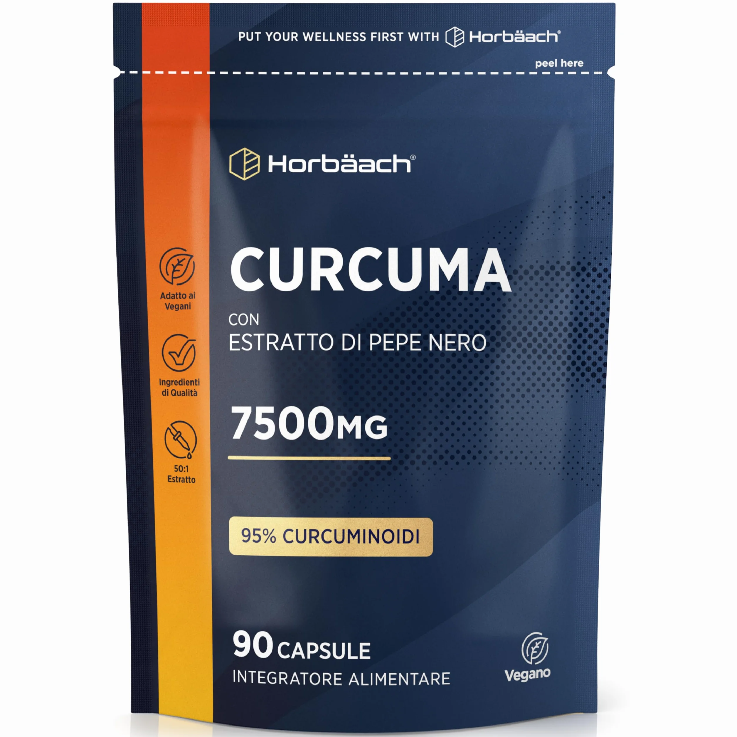Curcuma Capsule 7500mg Horbaach Alta Dosaggio Curcumina e Piperina Turmeric and Black Pepper