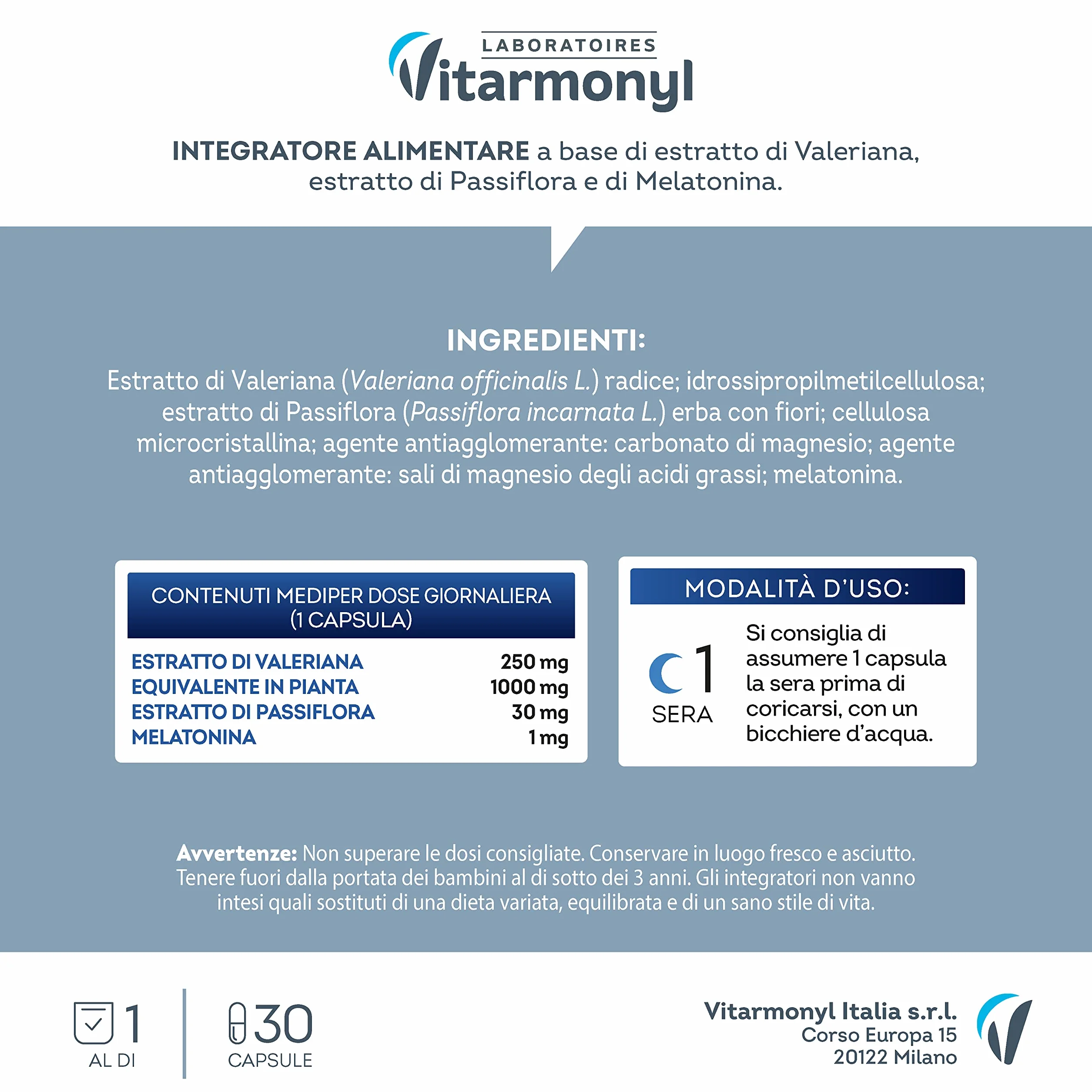 Melatonina Più Integratore Alimentare Sonno 30 Capsule Vitarmonyl
