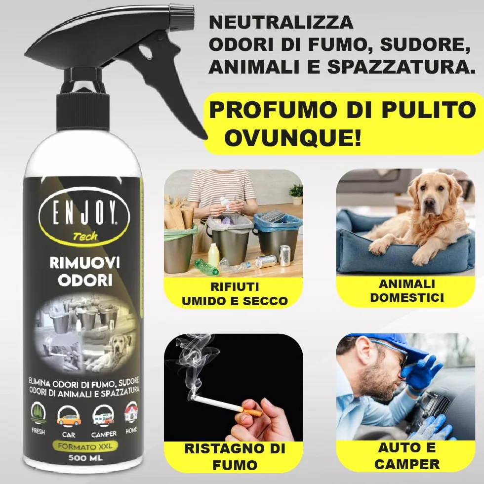 ENJOY TECH Rimuovi Odori Spray 500 ml – Neutralizza Odori di Fumo, Animali, Cibo e Sudore – Made in Italy