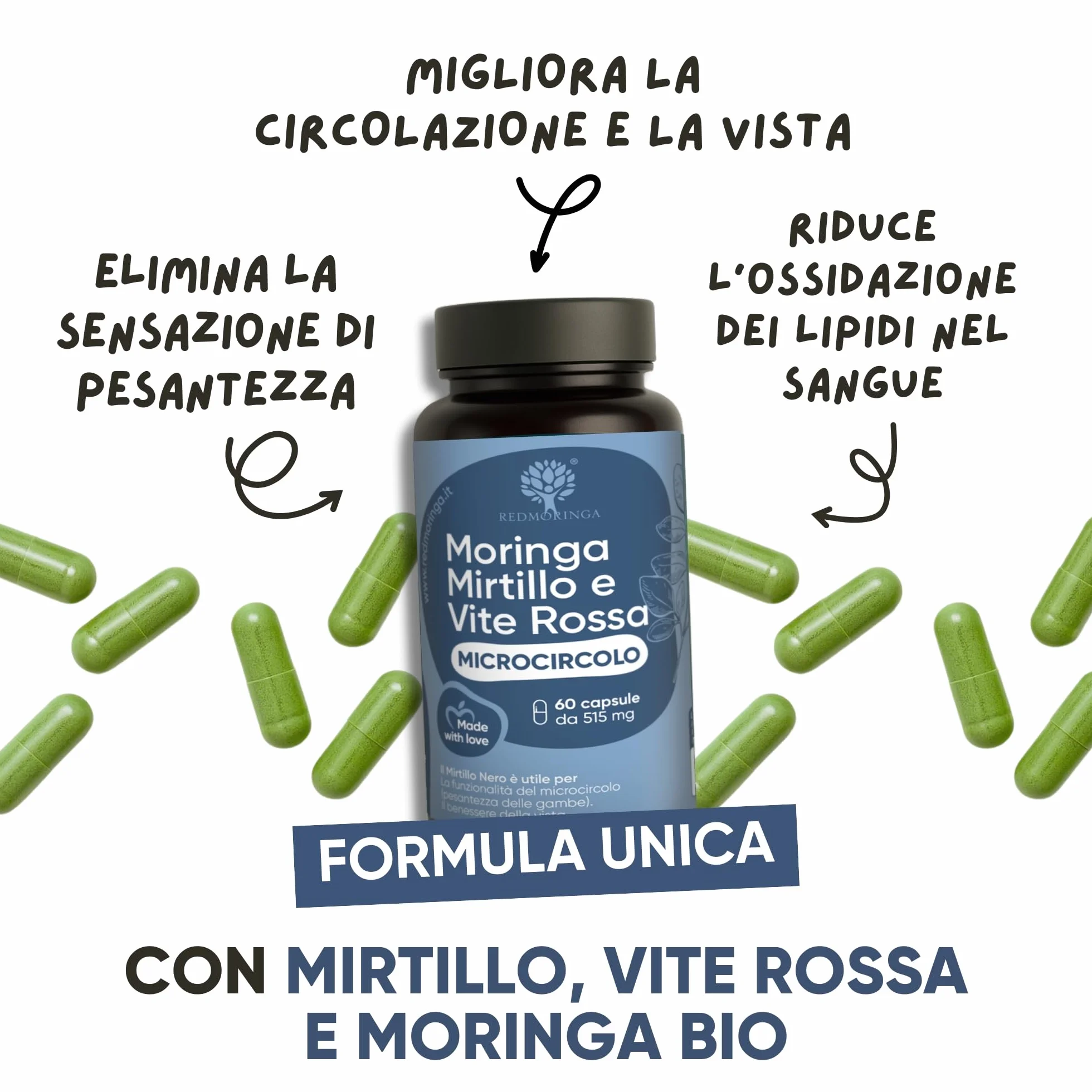 RedMoringa Integratore Microcircolo Gambe Mirtillo Nero e Vite Rossa con Moringa BIO 60 Capsule