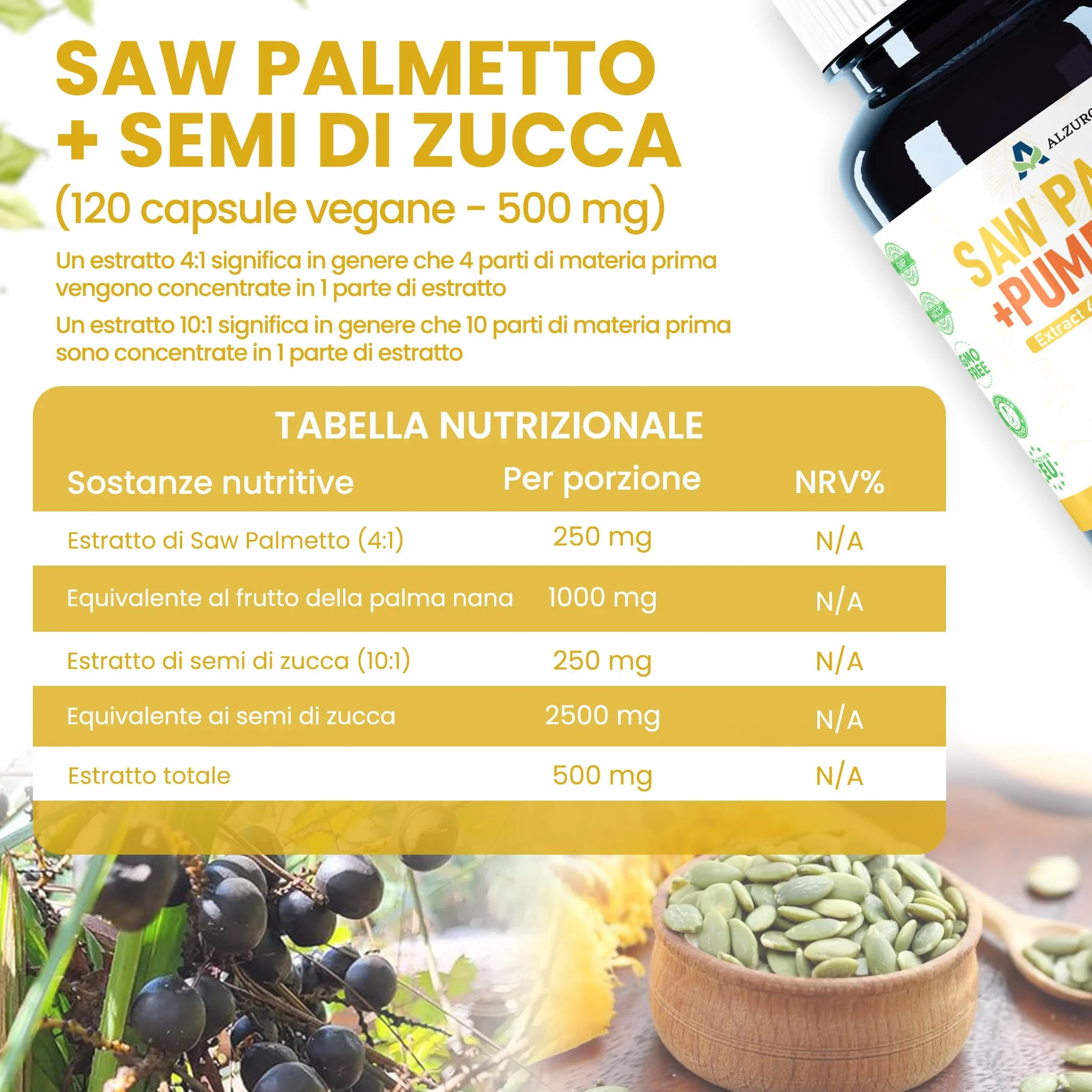 Saw Palmetto e Semi di Zucca 500mg Estratto 4:1 10:1 120 Veg Capsule 4 Mesi GMP Testato da Laboratorio Indipendente