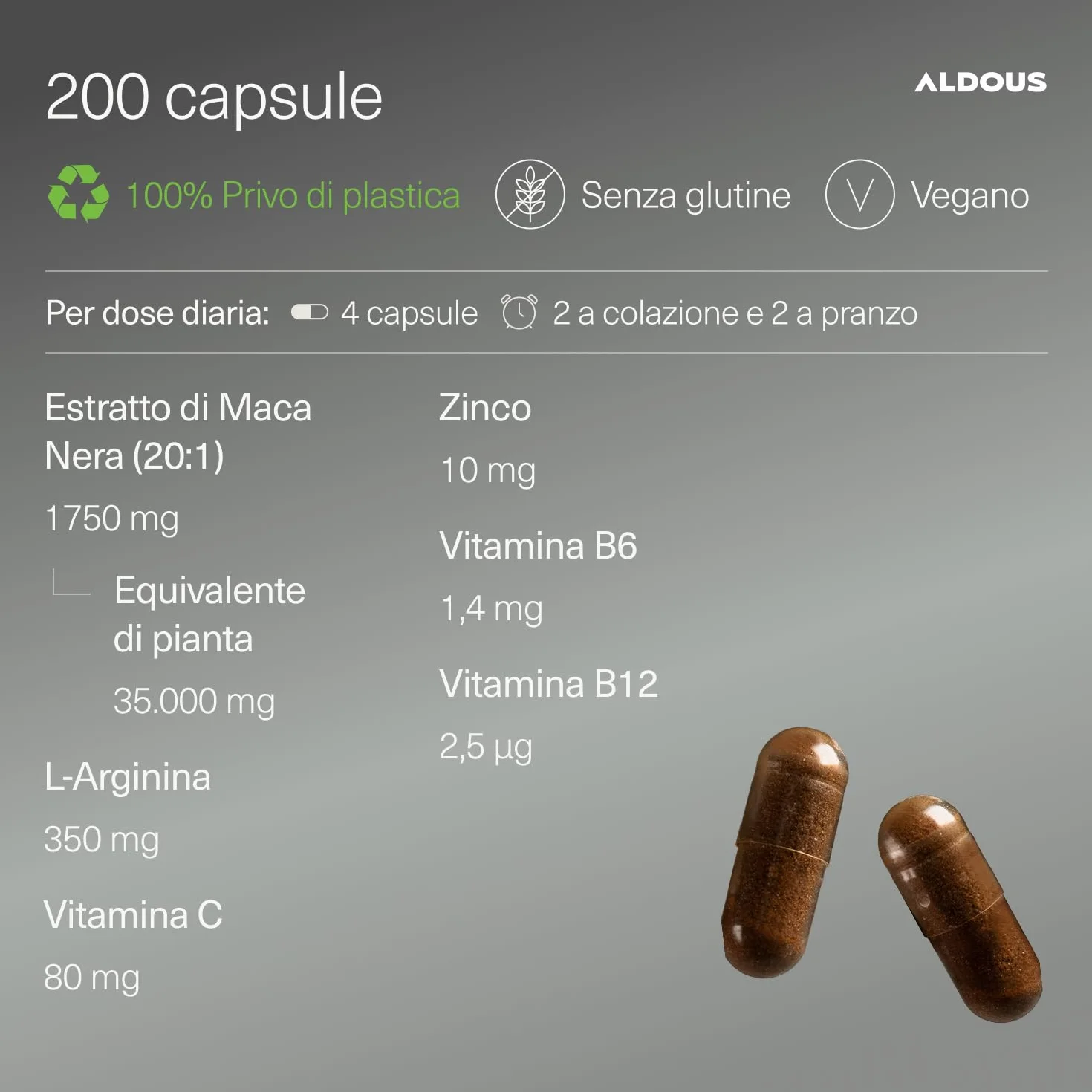 Maca Peruviana Nera Complex 35.000 mg - Estratto Alta Qualità 20:1-200 Capsule Maca Nera - Energia, Vitalità - Arginina, Zinco, Vitamine B6, B12, C - Vegan - ALDOUS