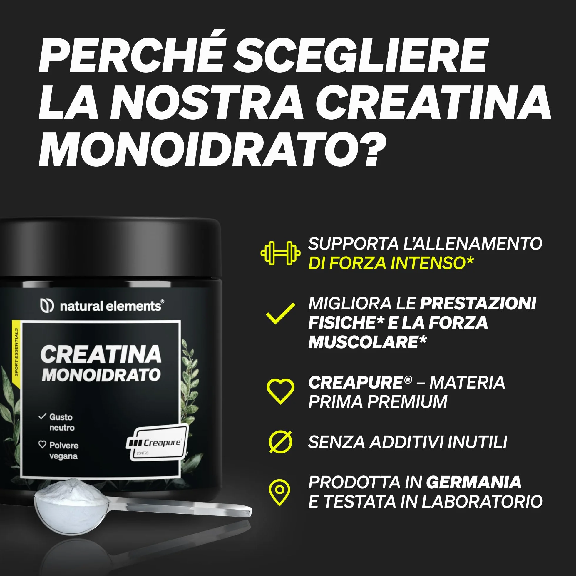 Creatina Monoidrato in Polvere - Materia prima di marca Creapure® - 147 porzioni (500 g) - Ultrafine: Mesh Factor 200 - Insapore e vegan - Polvere Pura senza Additivi Superflui - Prodotta in Germania