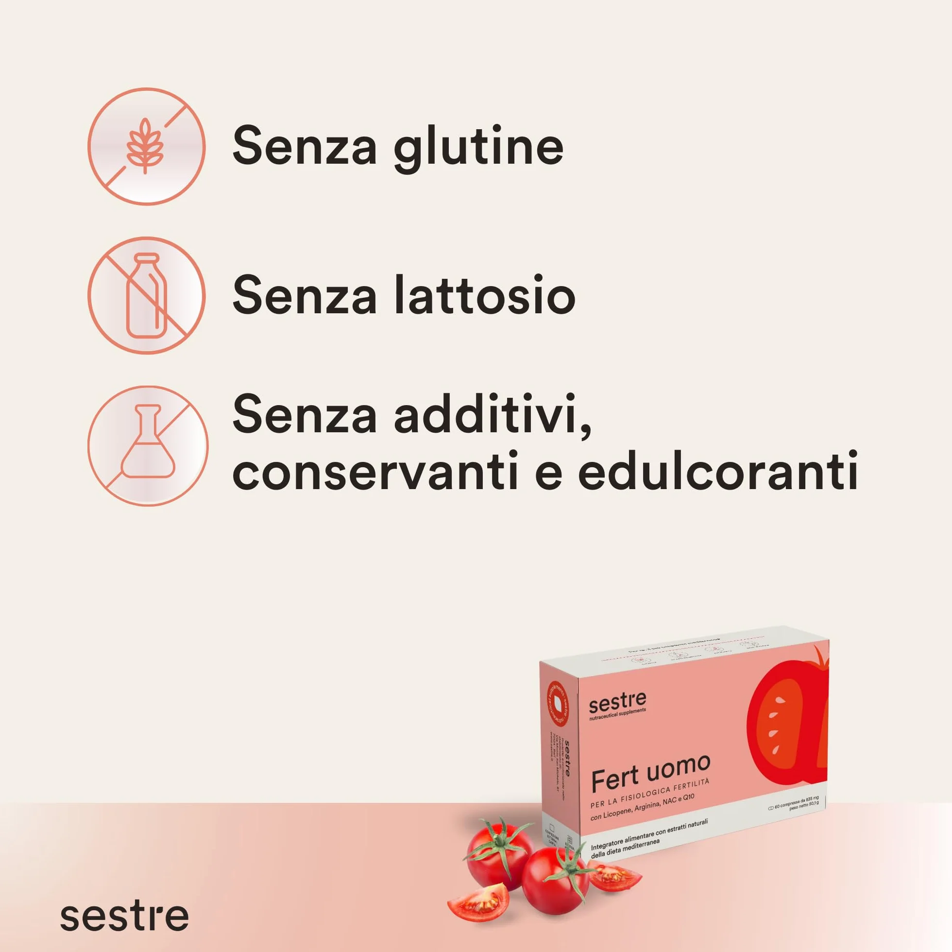 Sestre Fert Uomo, Integratore per la Fertilità Maschile, Aiuta a Mantenere Normali i Livelli di Testosterone, con Licopene, Selenio, Zinco e Altri Attivi Nutraceutici, 60 Compresse